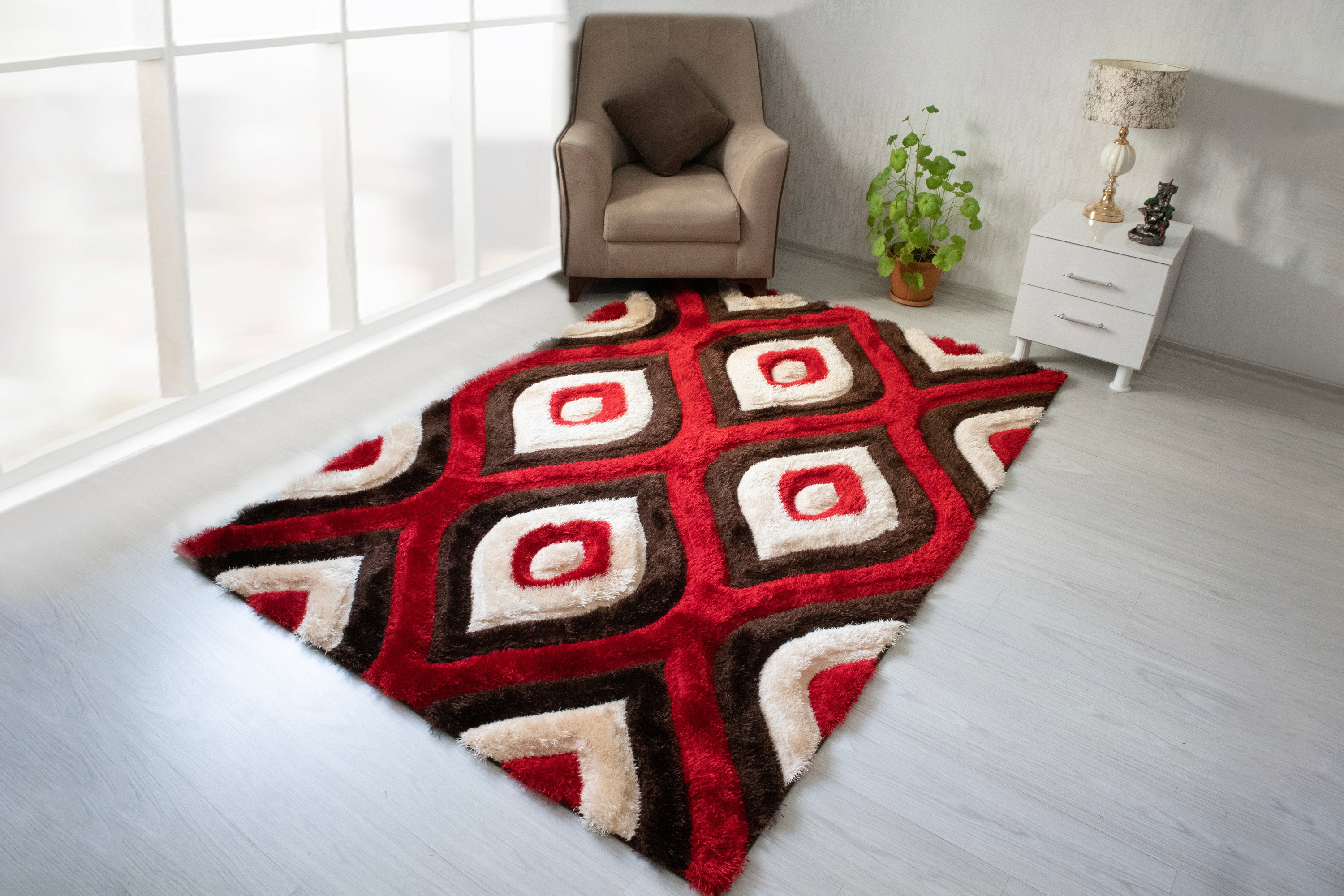 Nova 3D151 Shaggy Area Rug - Brown/Red