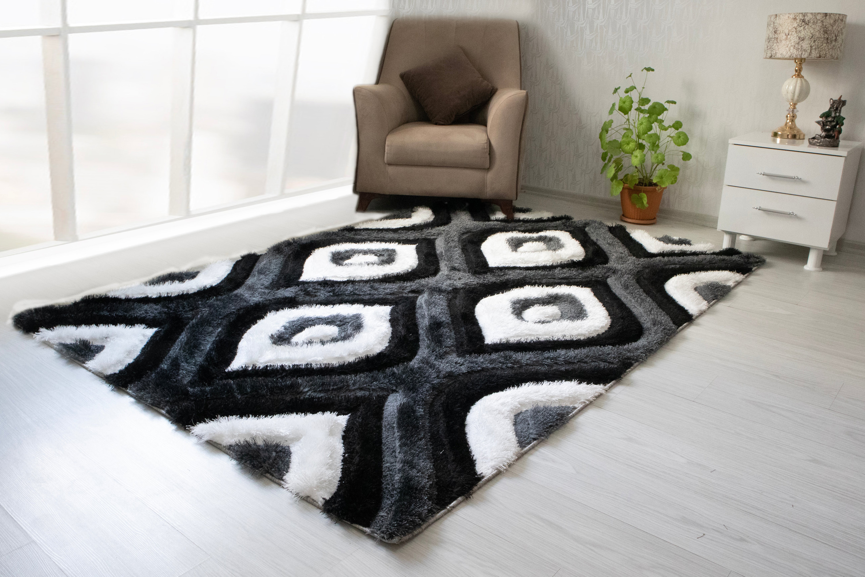 Nova 3D151 Shaggy Area Rug - Gray/Black