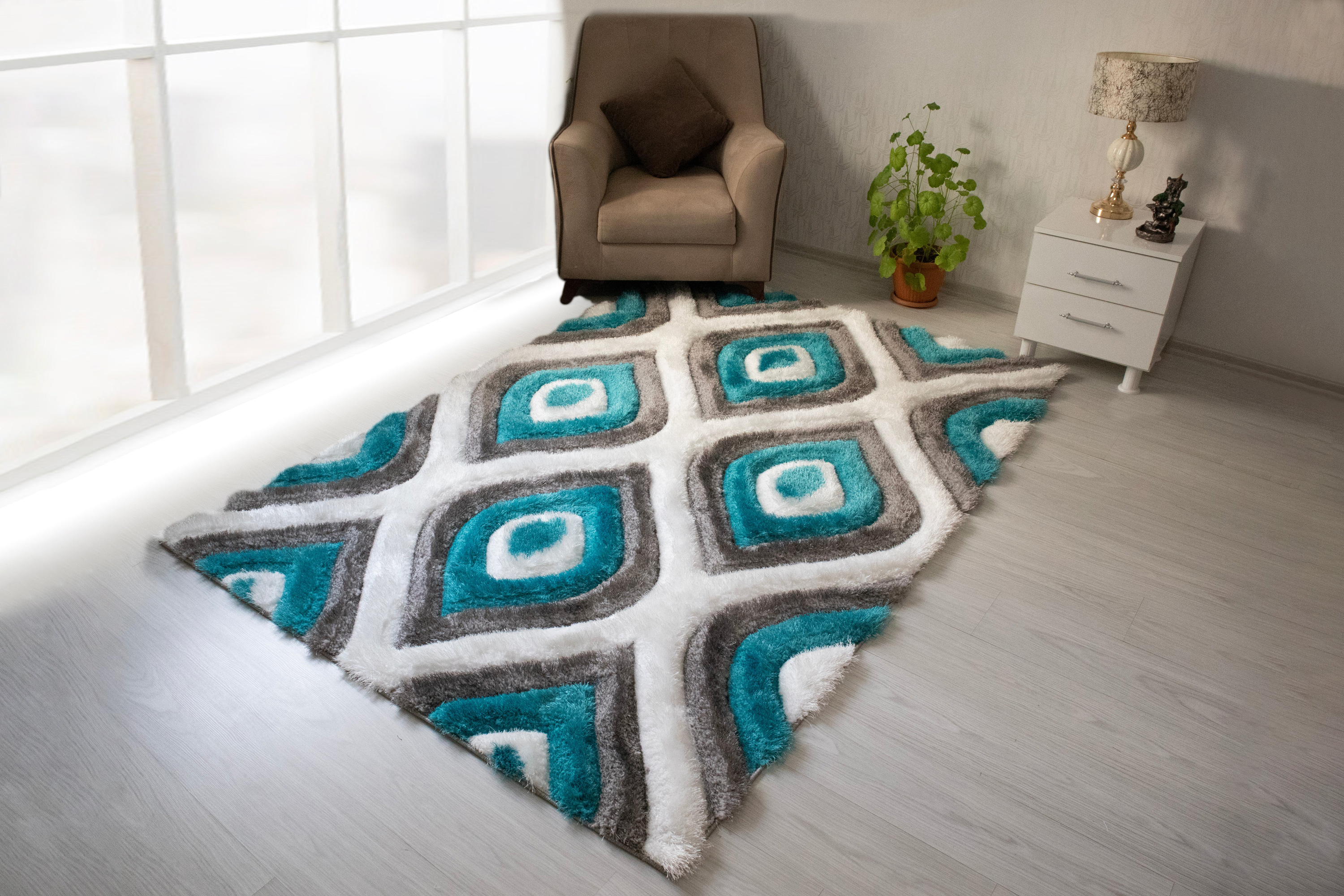 Nova 3D151 Shaggy Area Rug - Gray/Turqouise