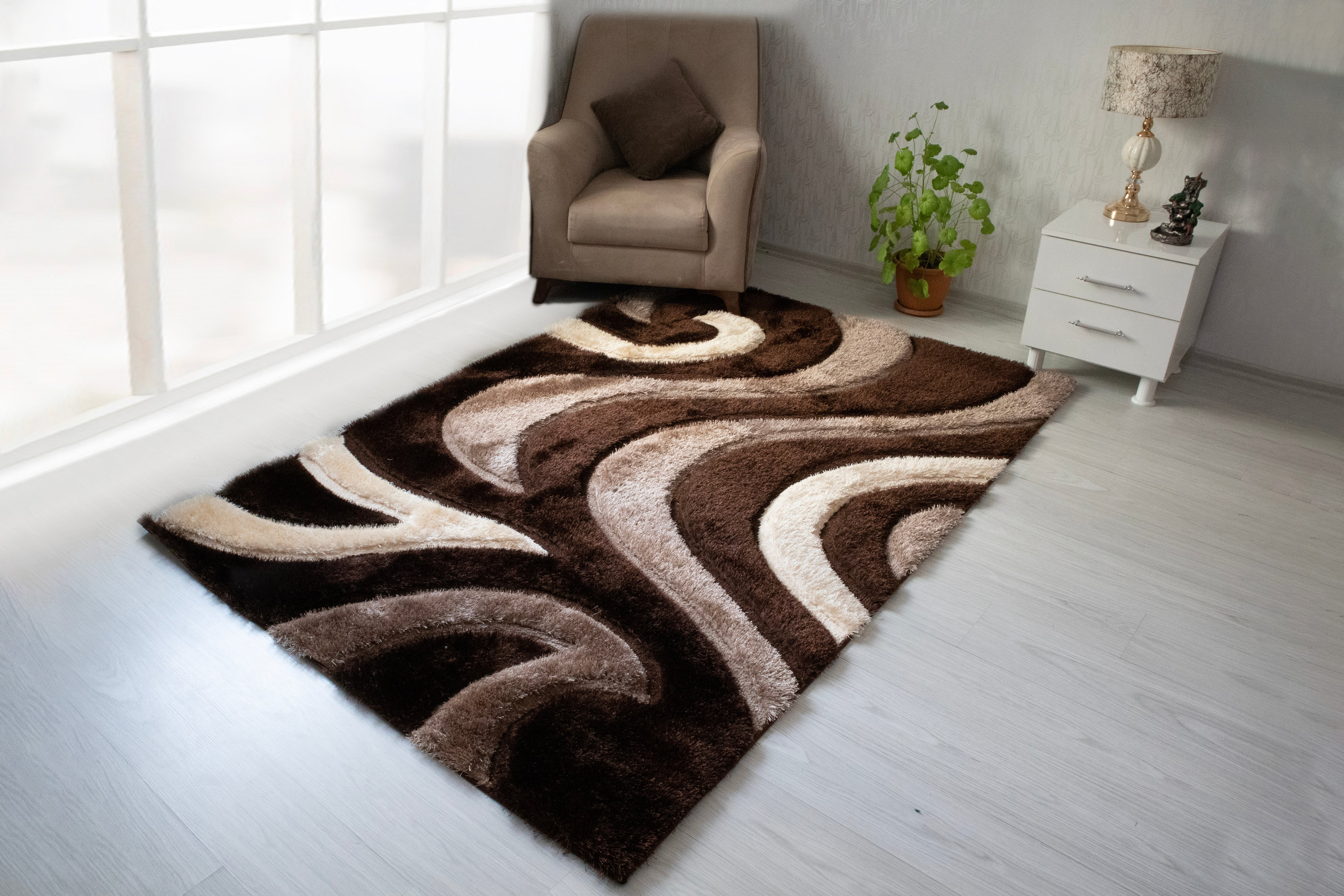 Nova 3D444 Shaggy Area Rug - Brown