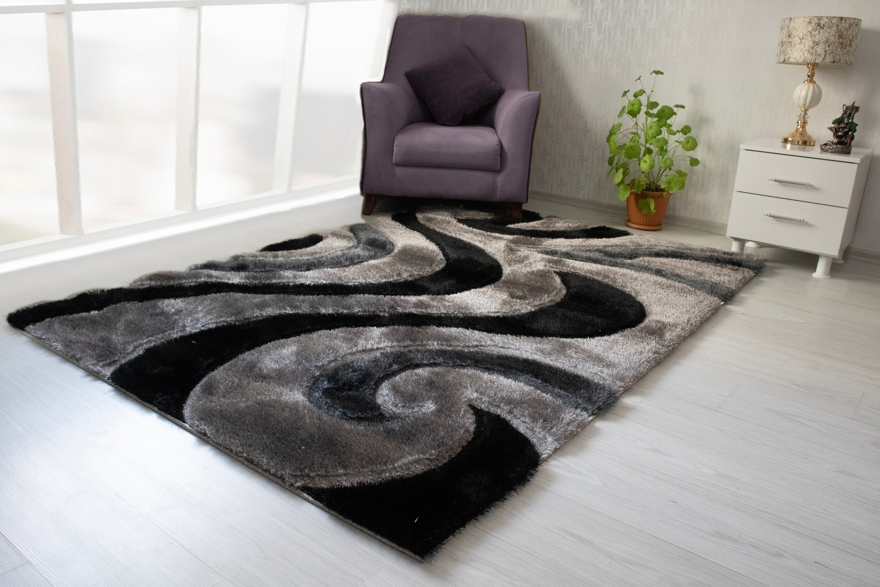 Nova 3D444 Shaggy Area Rug - Gray/Black