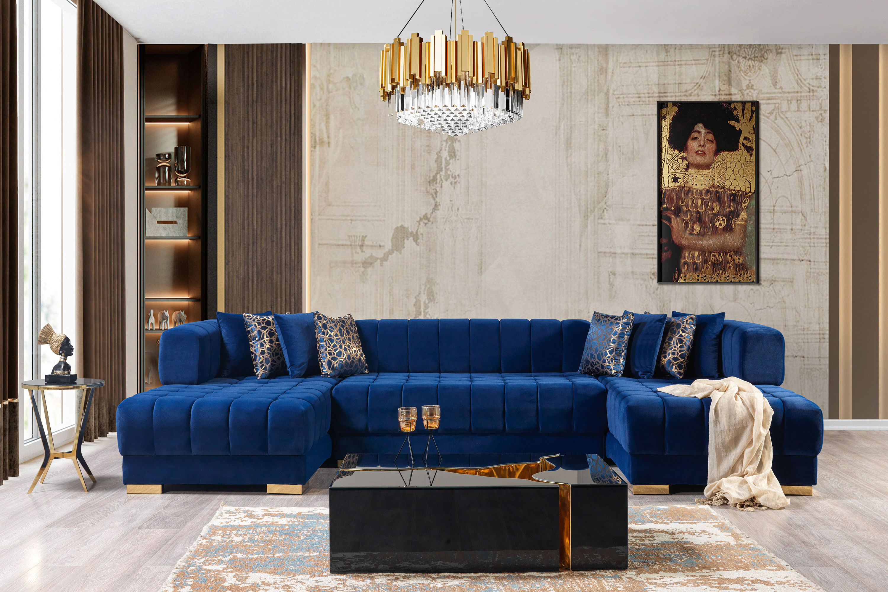 Nova Ariana Velvet Double Chaise Sectional - Blue