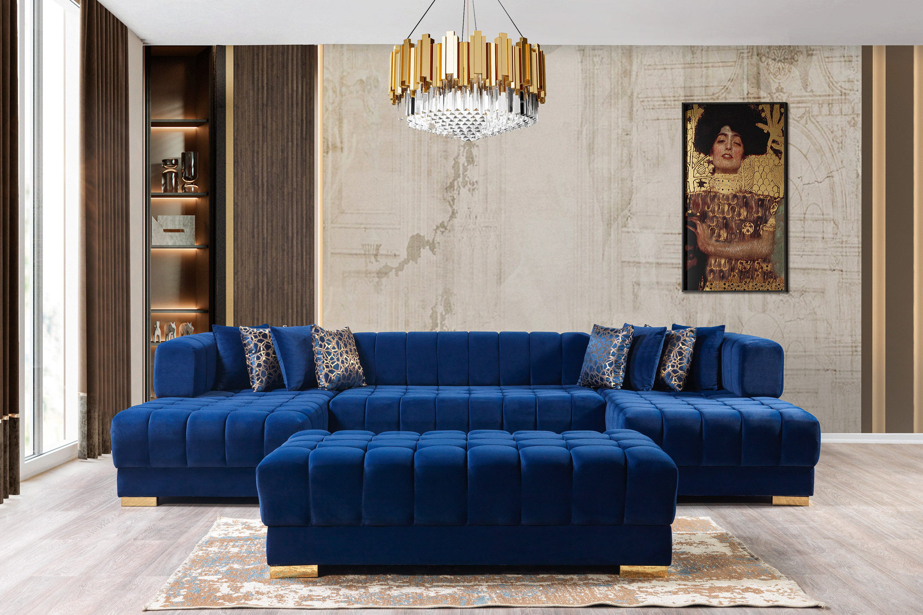 Nova Ariana Velvet Double Chaise Sectional - Blue