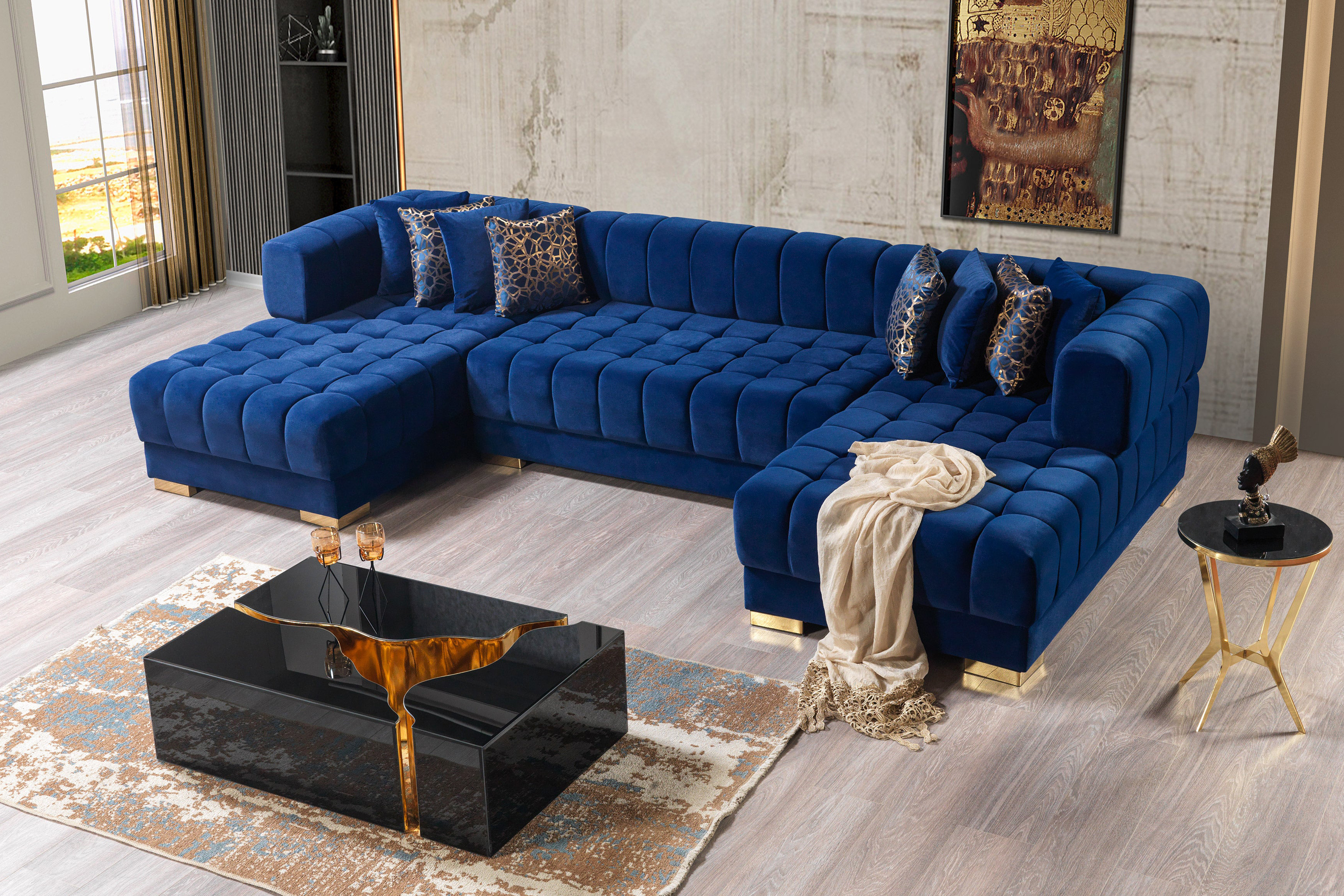 Nova Ariana Velvet Double Chaise Sectional - Blue