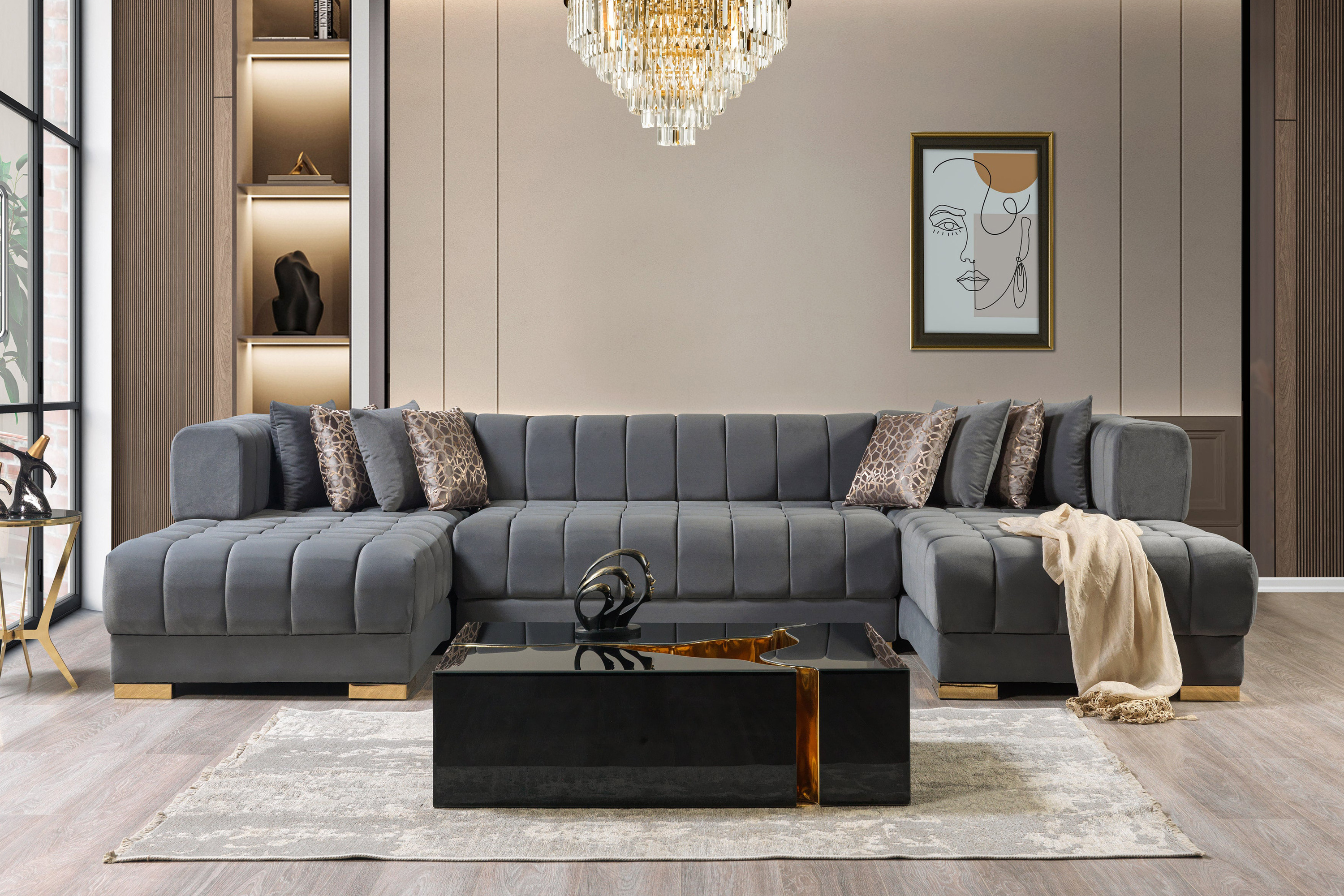 Nova Ariana Velvet Double Chaise Sectional - Gray