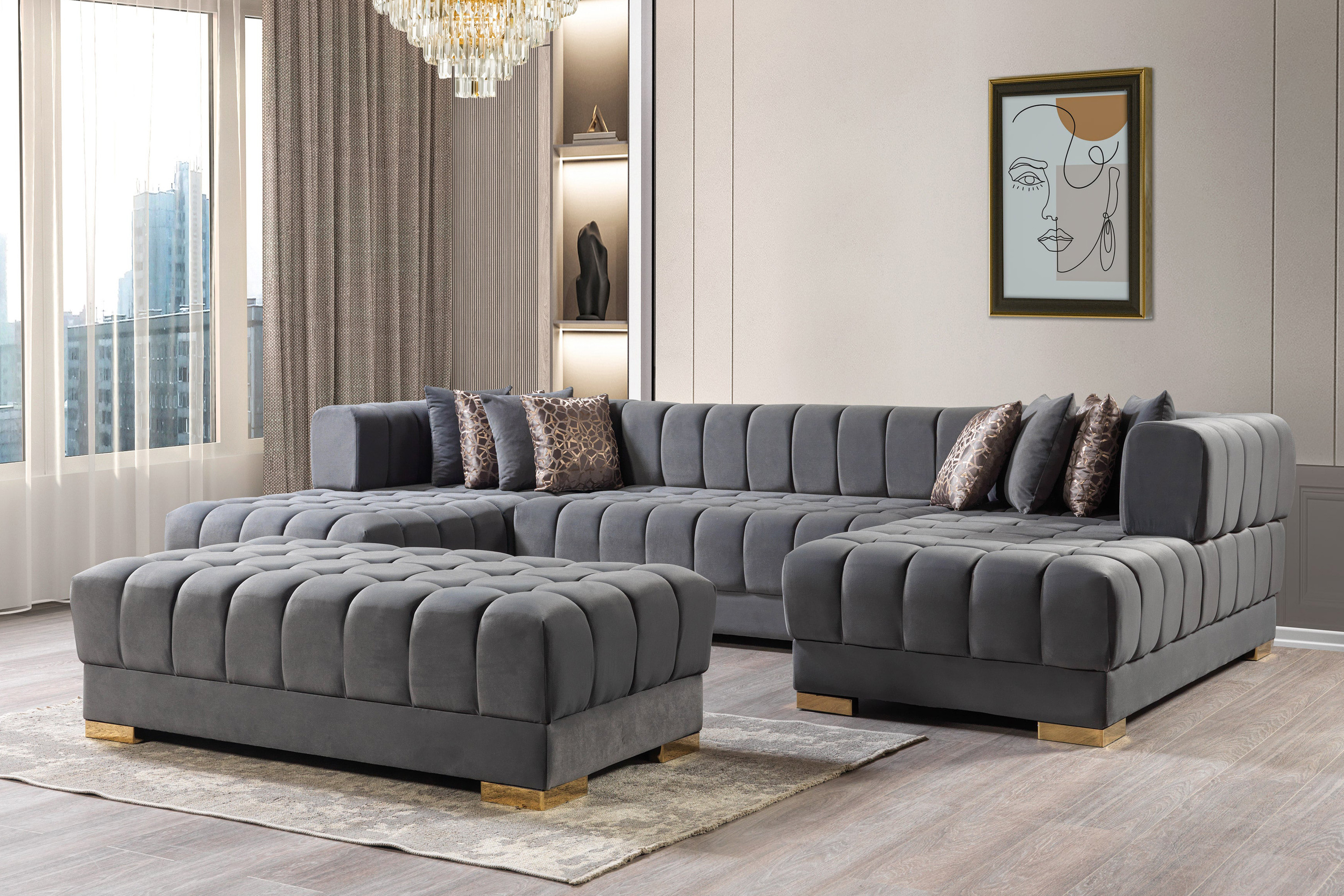 Nova Ariana Velvet Double Chaise Sectional - Gray