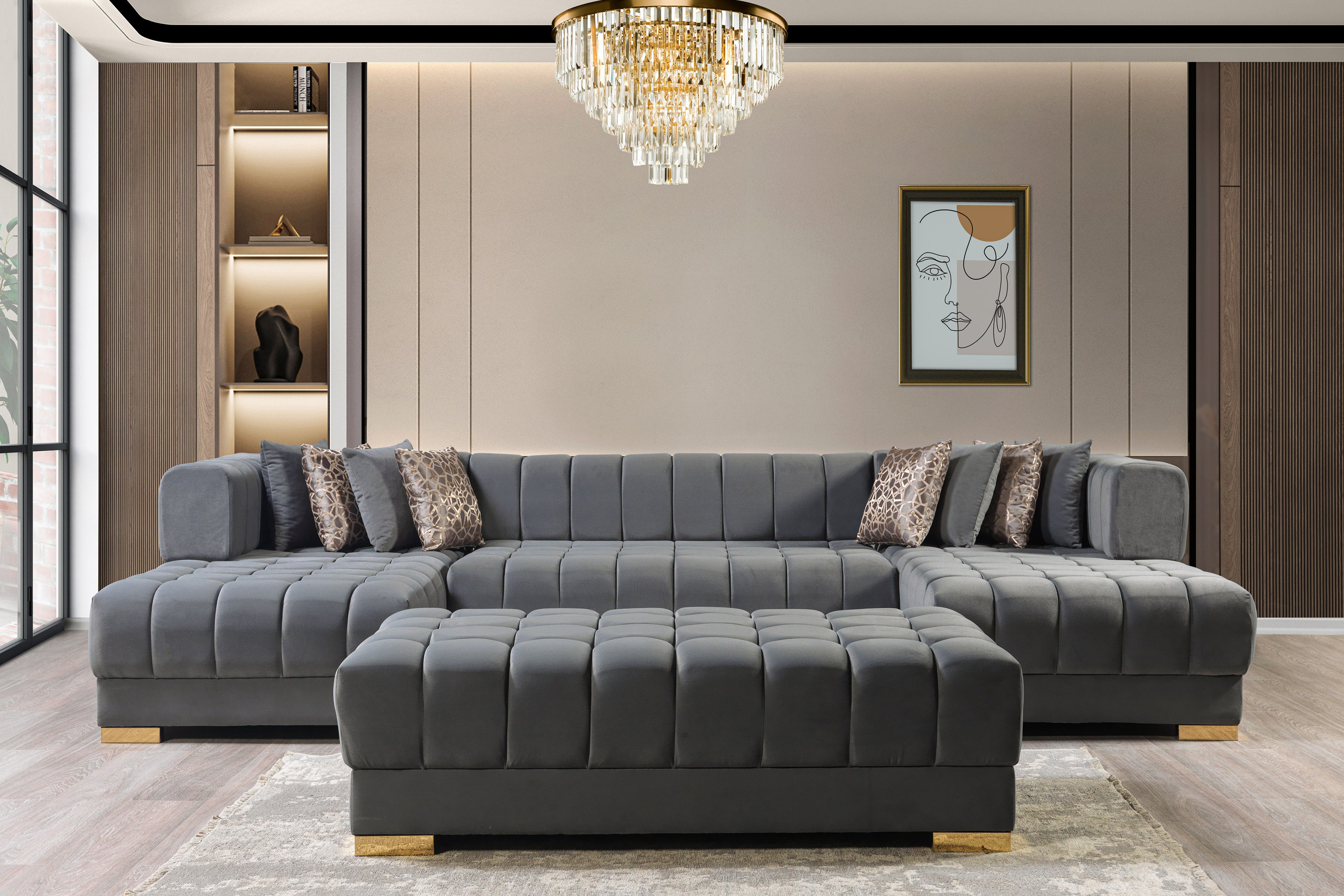 Nova Ariana Velvet Double Chaise Sectional - Gray