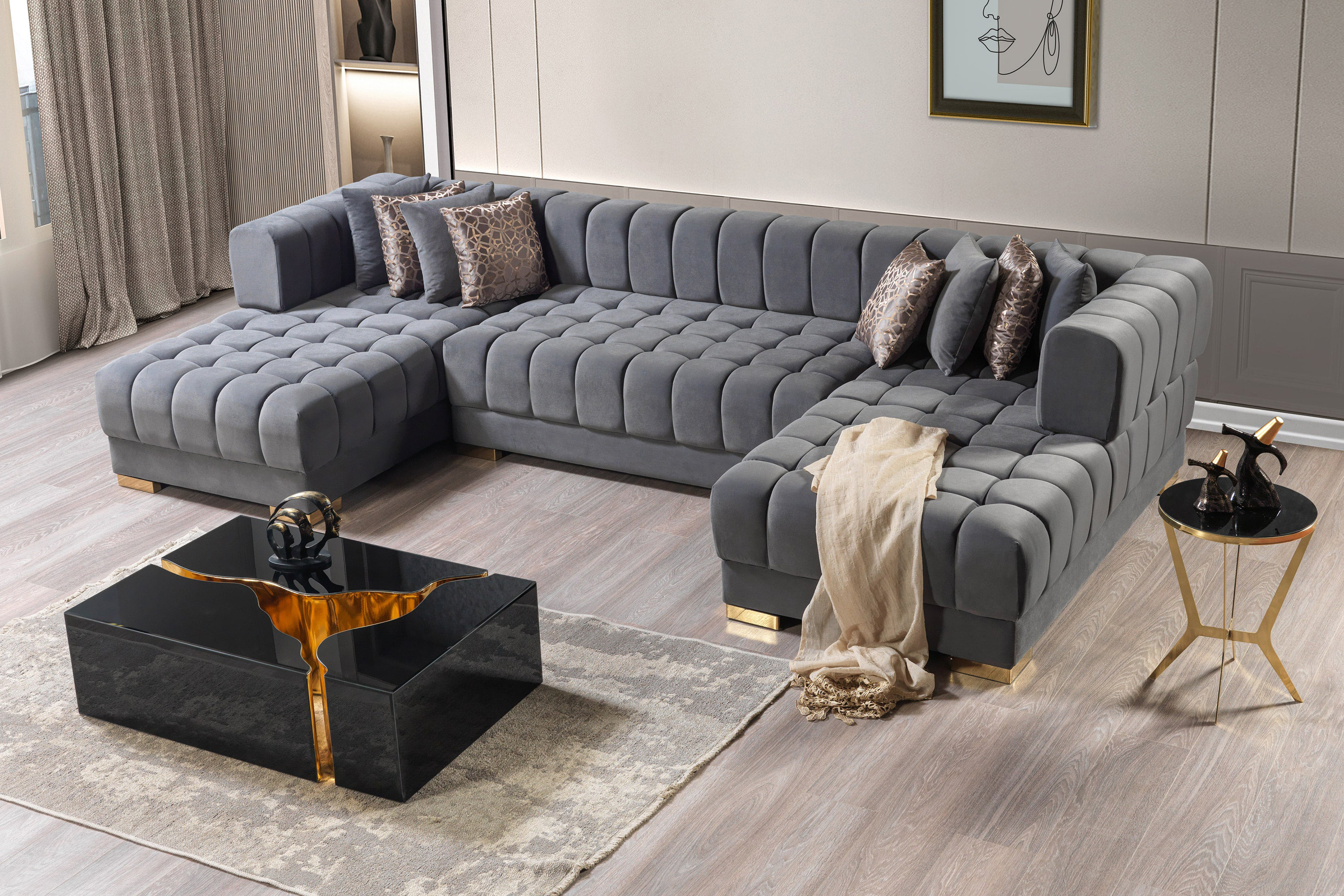 Nova Ariana Velvet Double Chaise Sectional - Gray