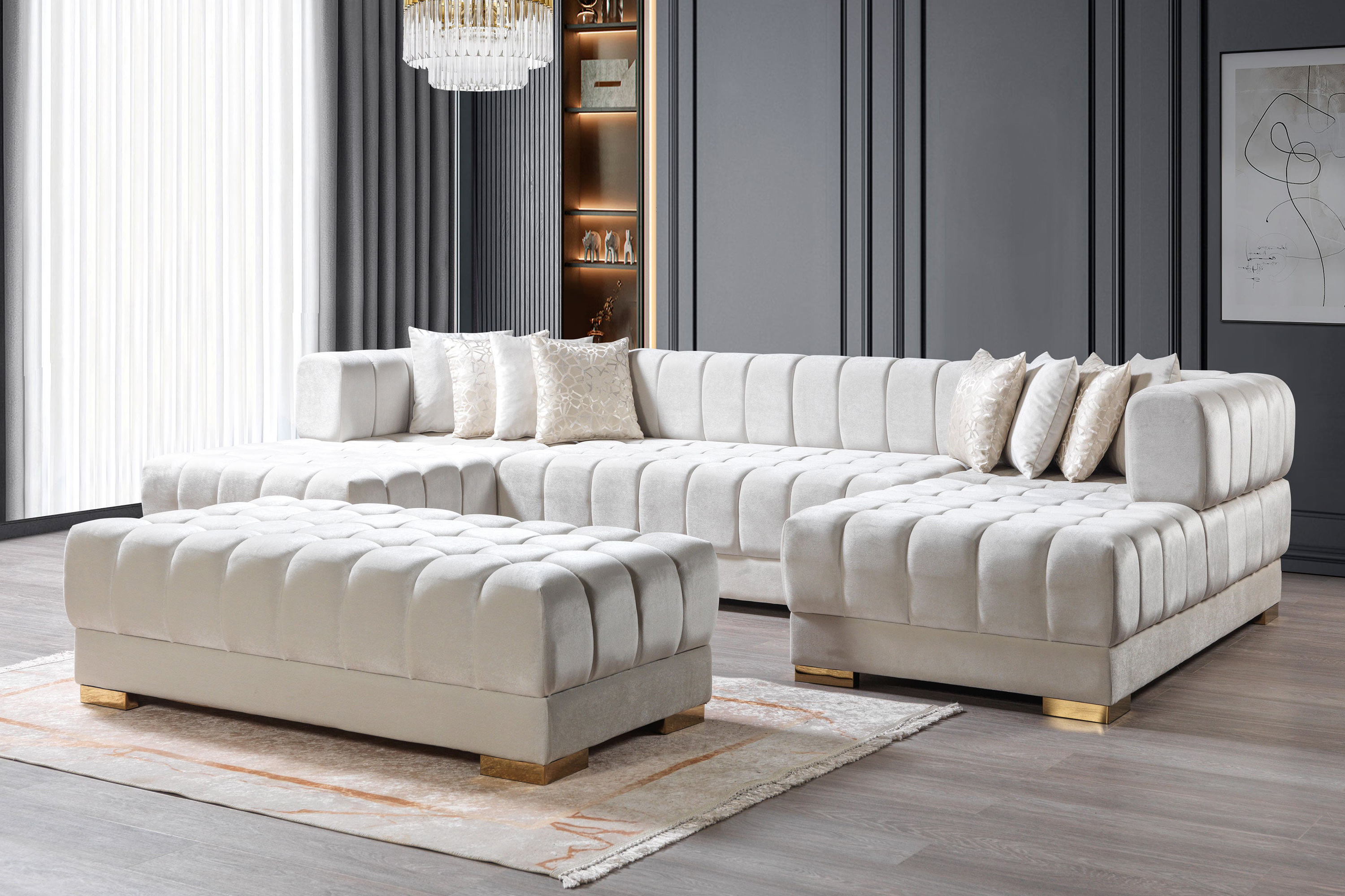 Nova Ariana Velvet Double Chaise Sectional - Ivory