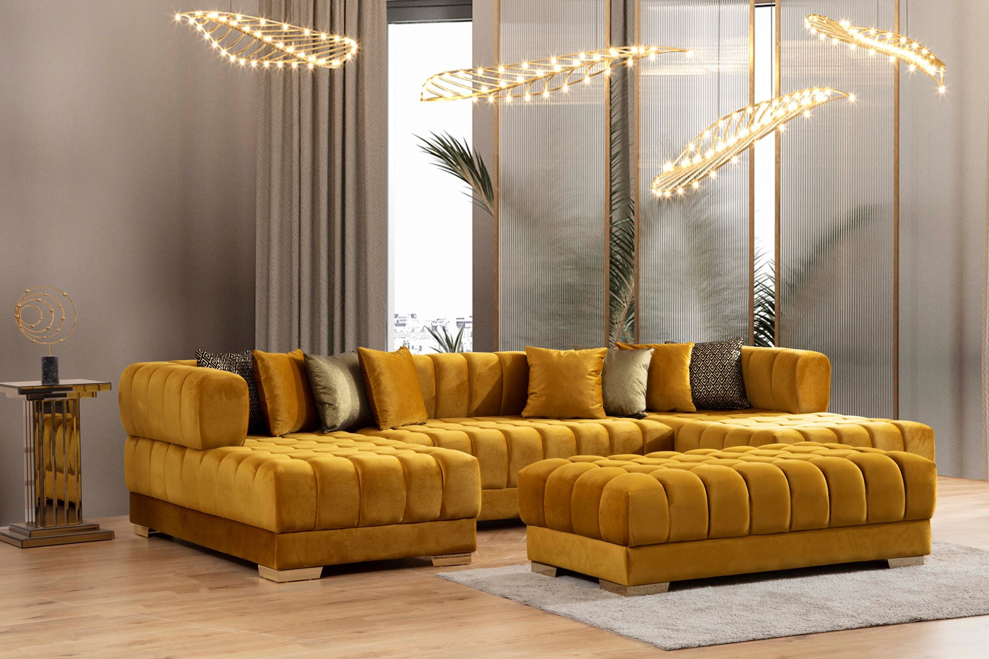 Nova Ariana Velvet Rectangle Ottoman - Mustard