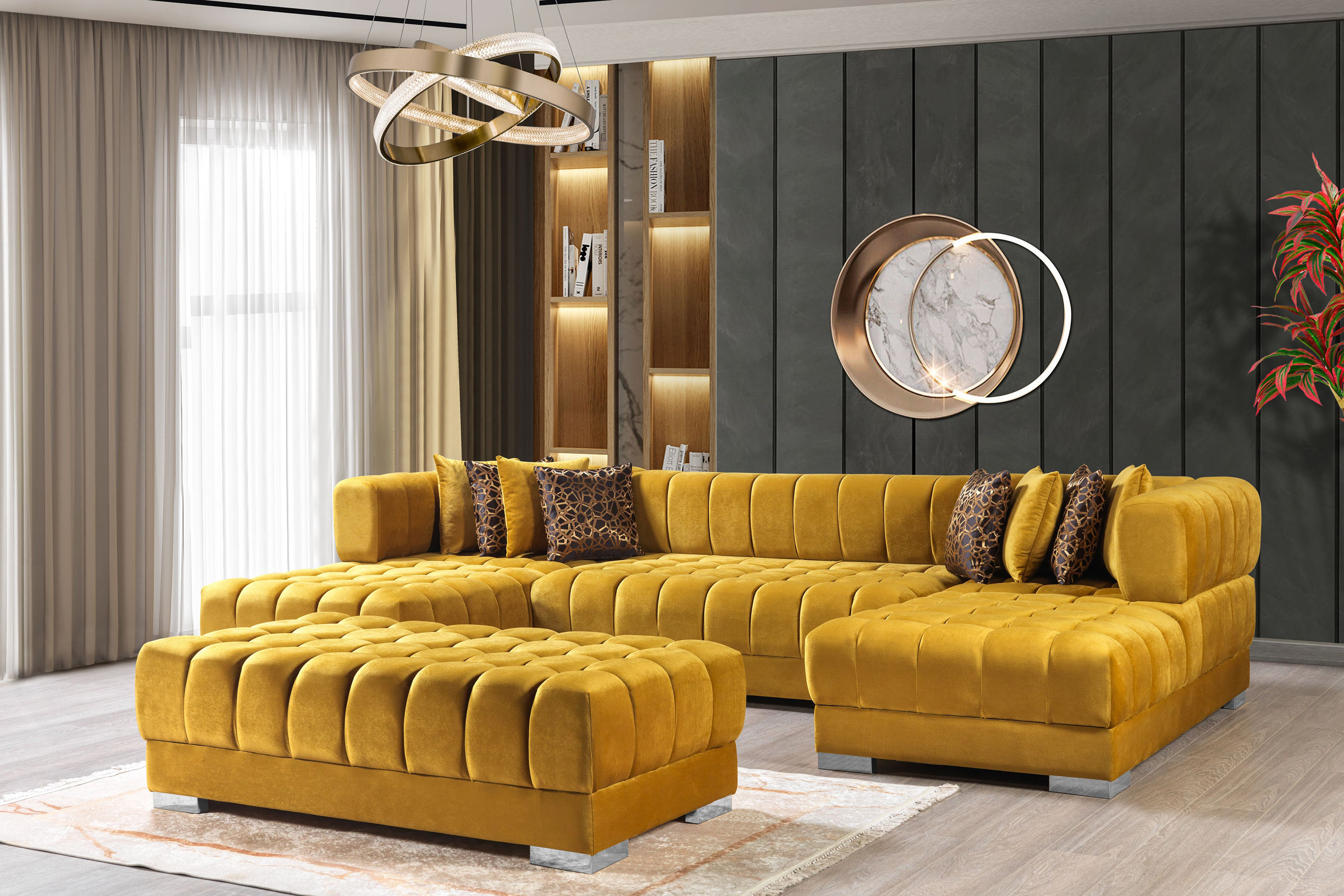 Nova Ariana Velvet Double Chaise Sectional - Mustard