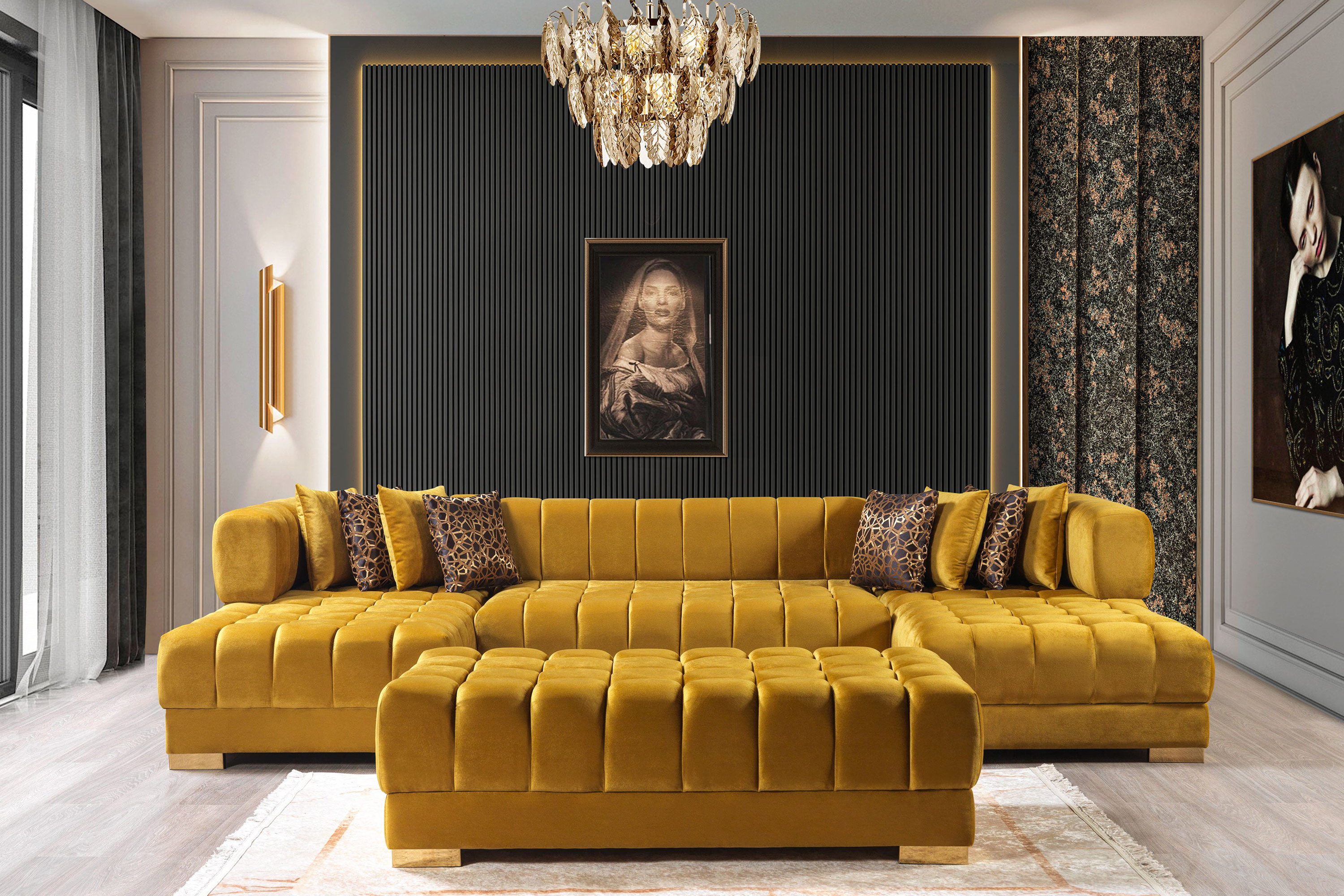 Nova Ariana Velvet Double Chaise Sectional - Mustard