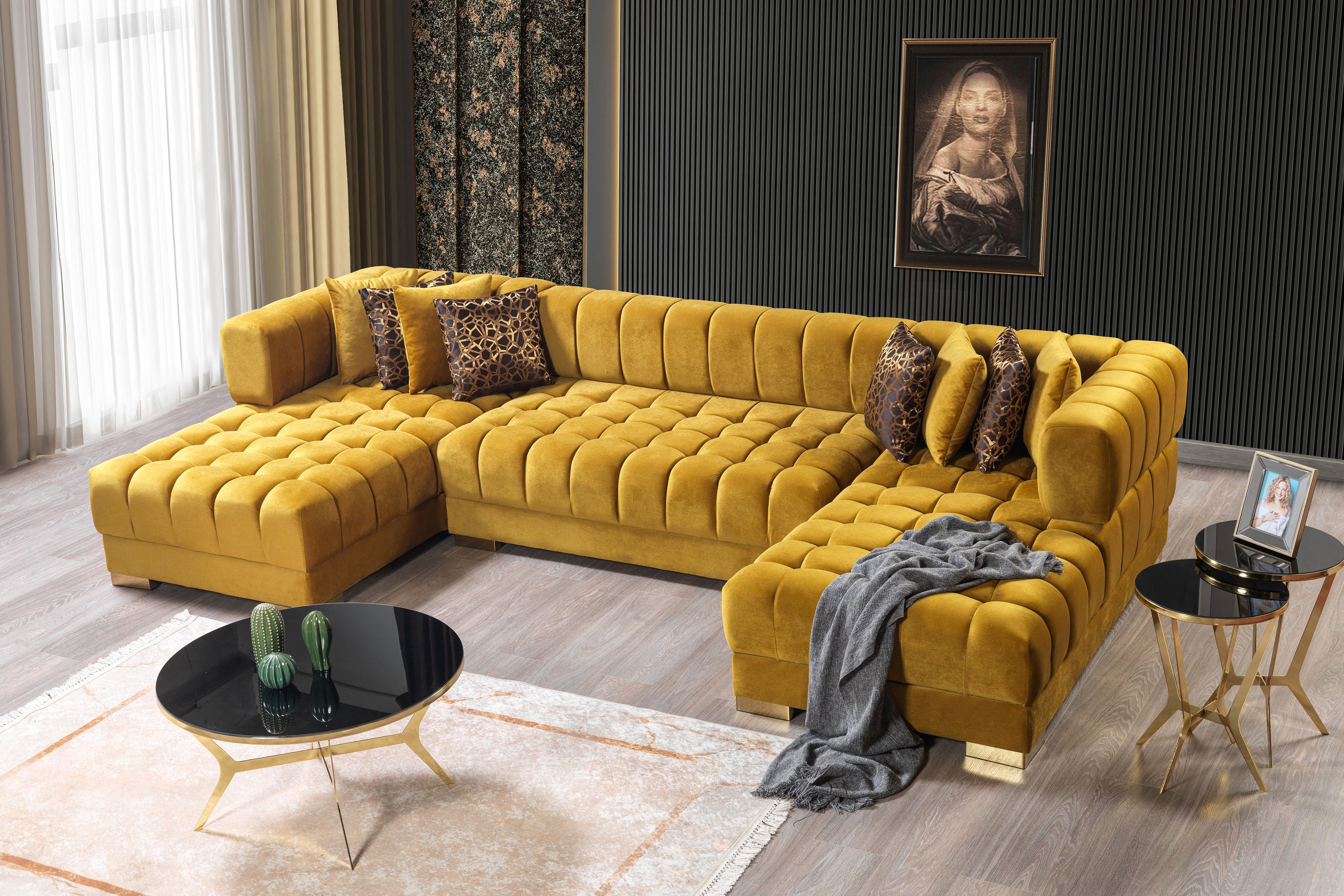 Nova Ariana Velvet Double Chaise Sectional - Mustard