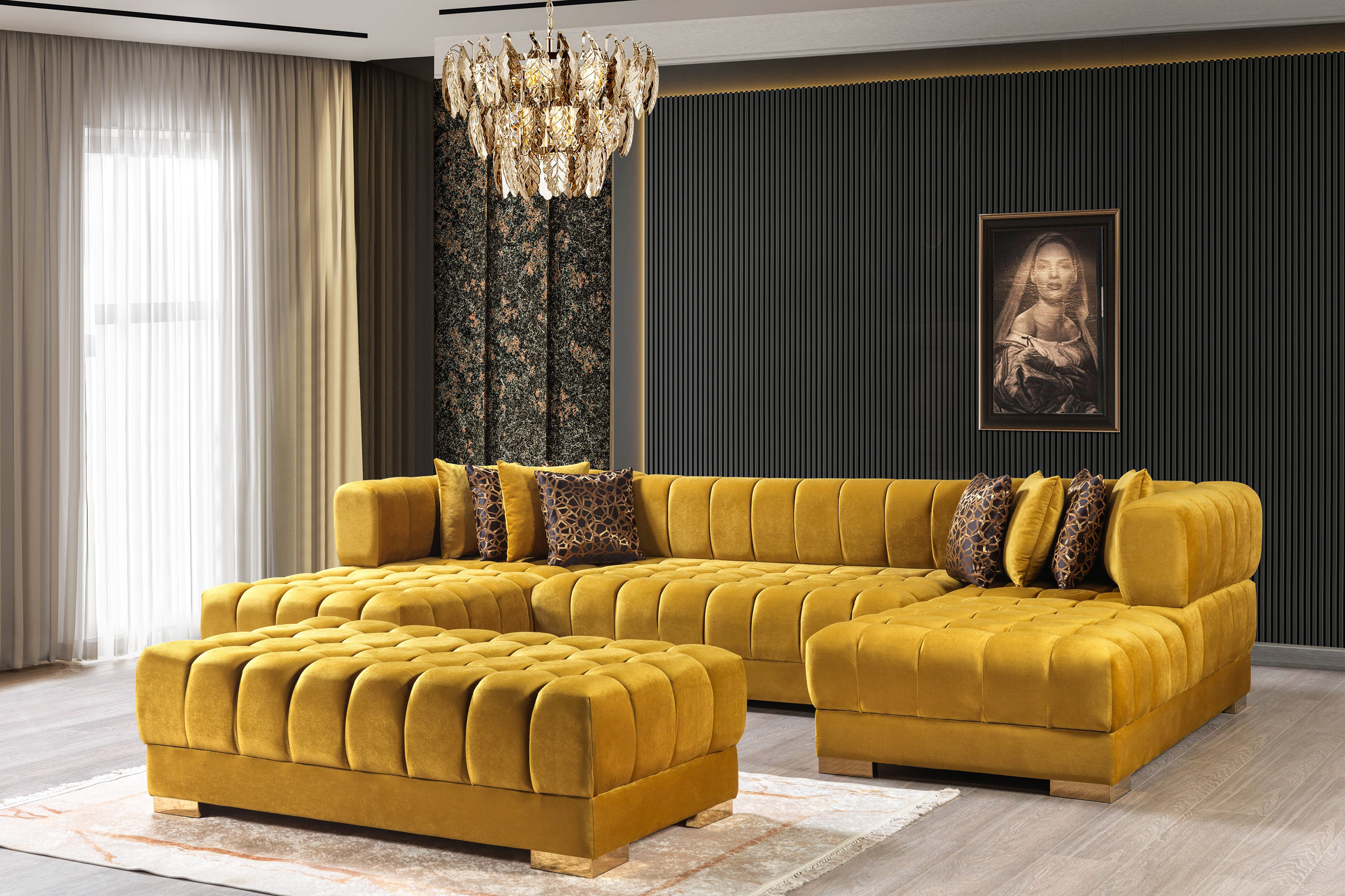 Nova Ariana Velvet Double Chaise Sectional - Mustard