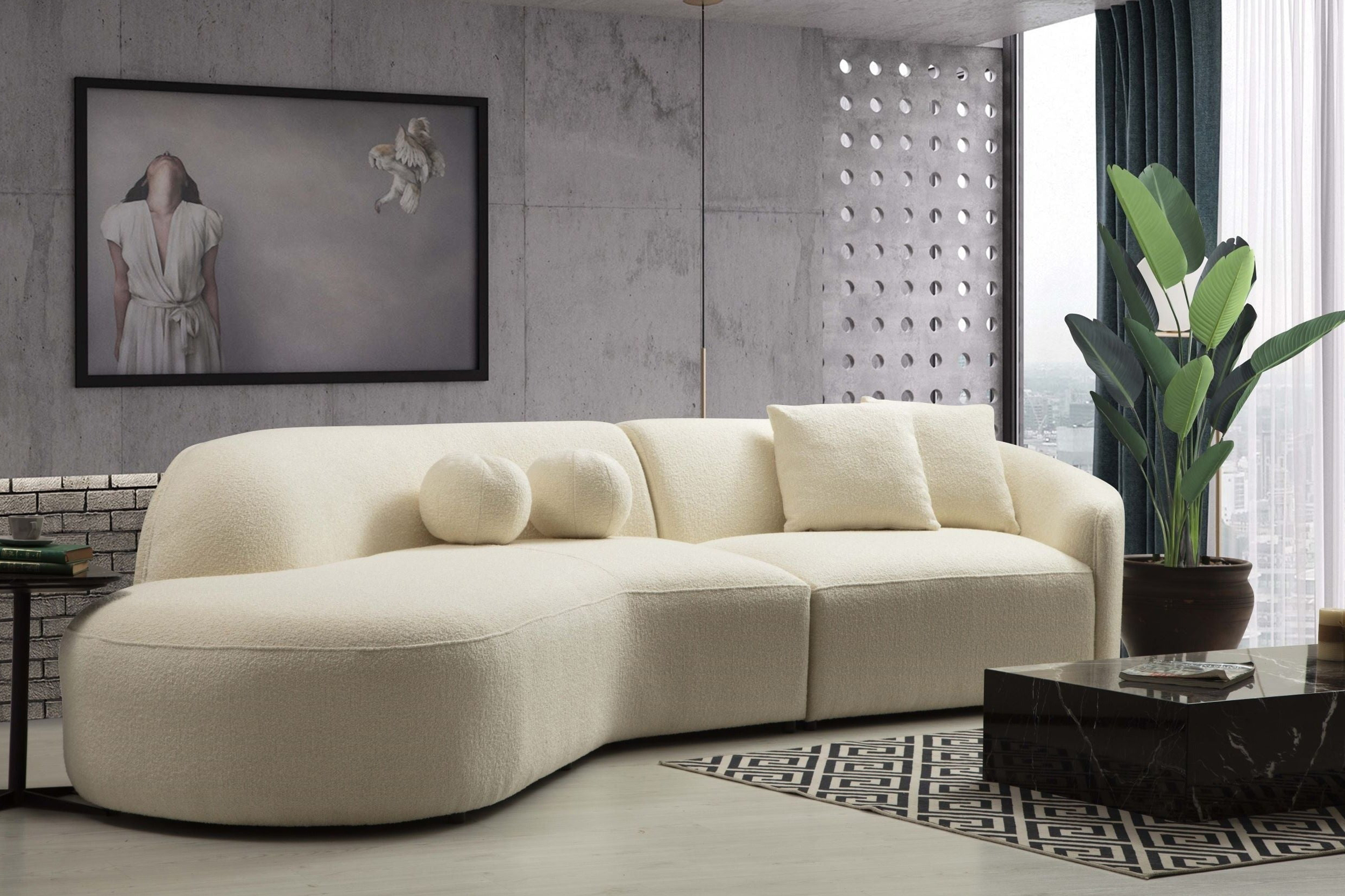 Nova Cloe Ivory Boucle Curved Sectional - Left Arm Facing