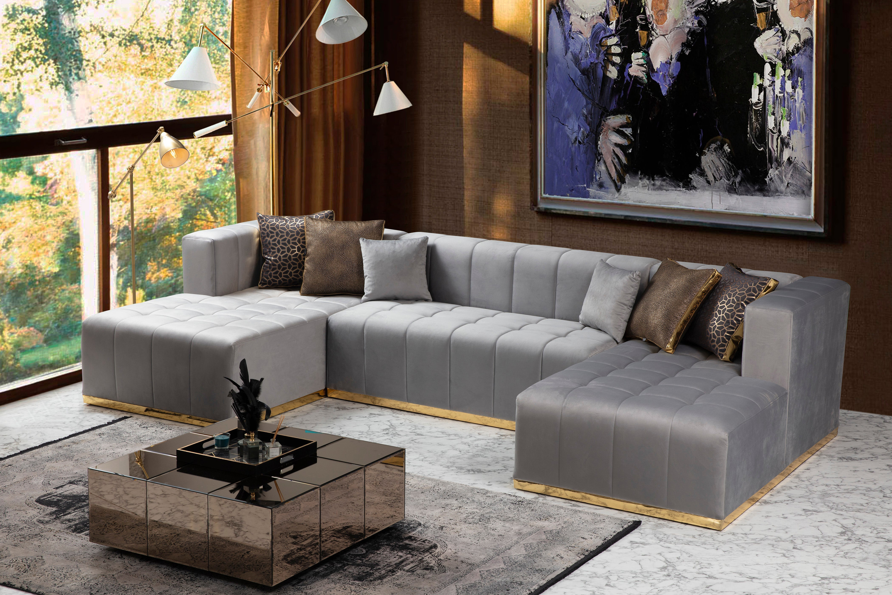 Nova Elisha Velvet Double Chaise Sectional - Gray