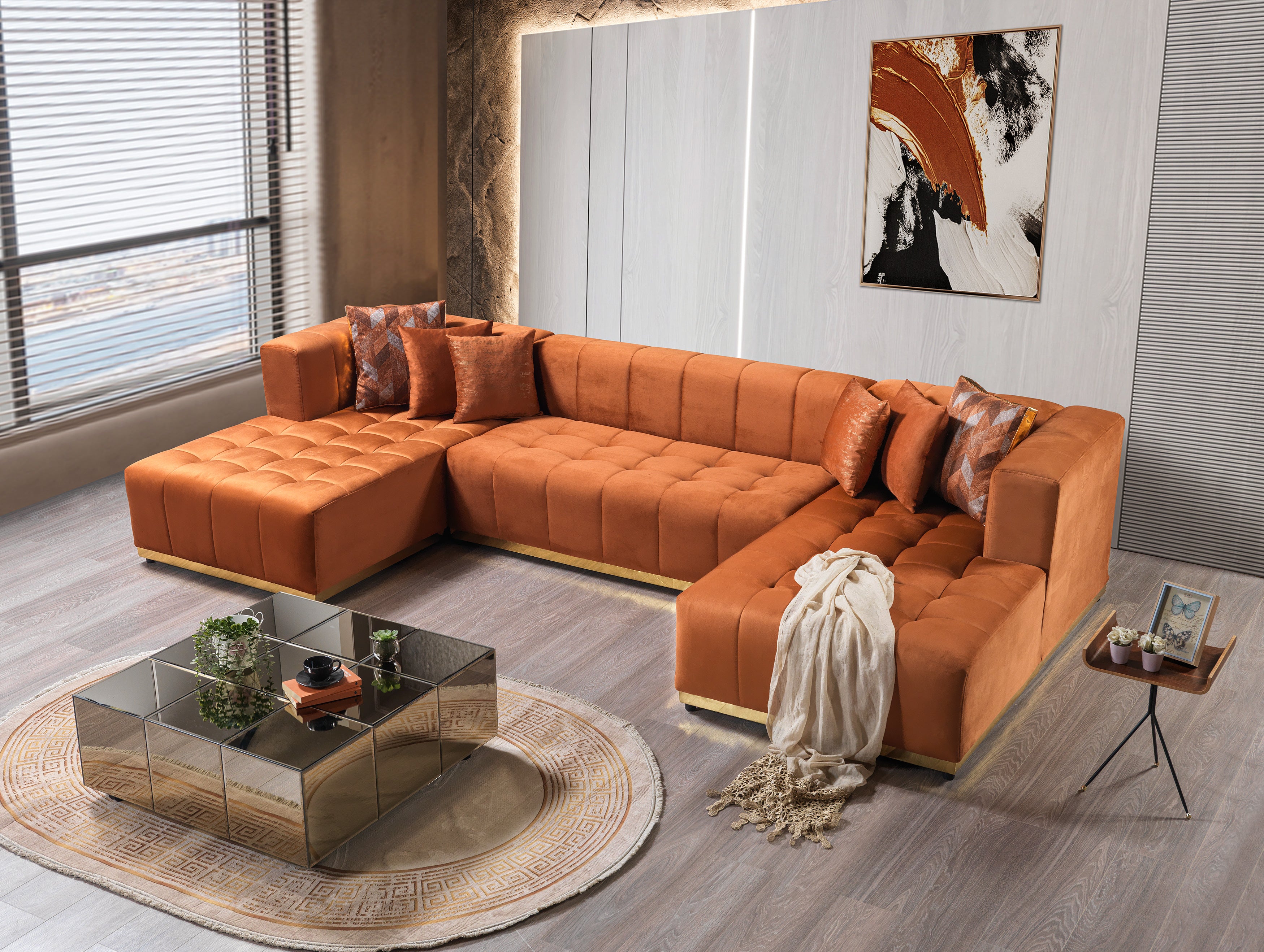 Nova - Elisha Orange Velvet Double Chaise 140" Sectional