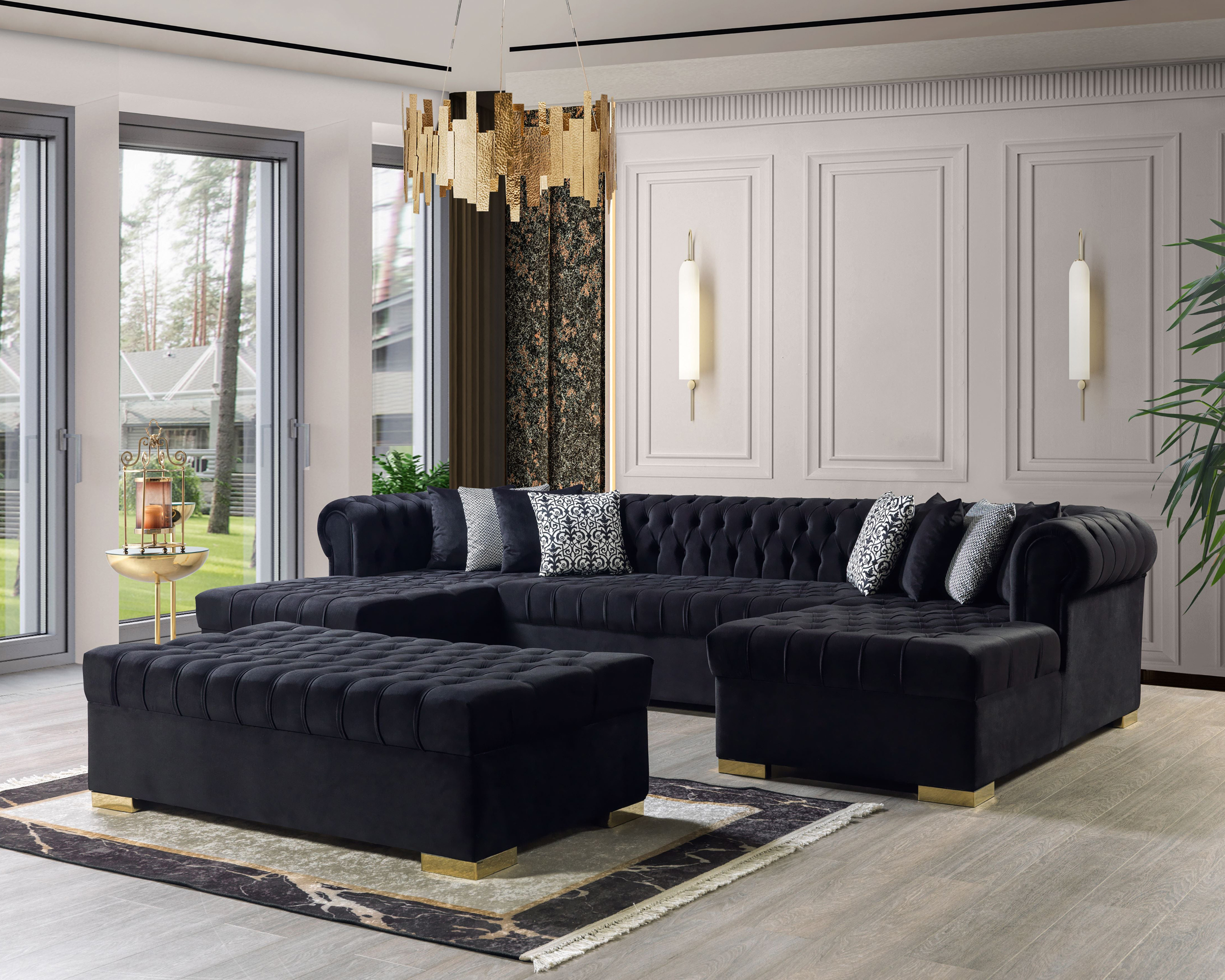 Nova Lauren Velvet Double Chaise Sectional - Black