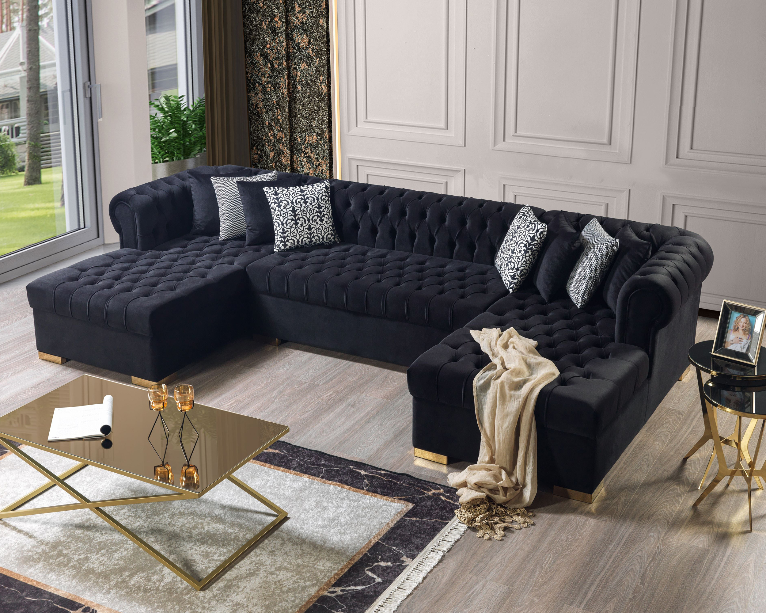 Nova Lauren Velvet Double Chaise Sectional - Black