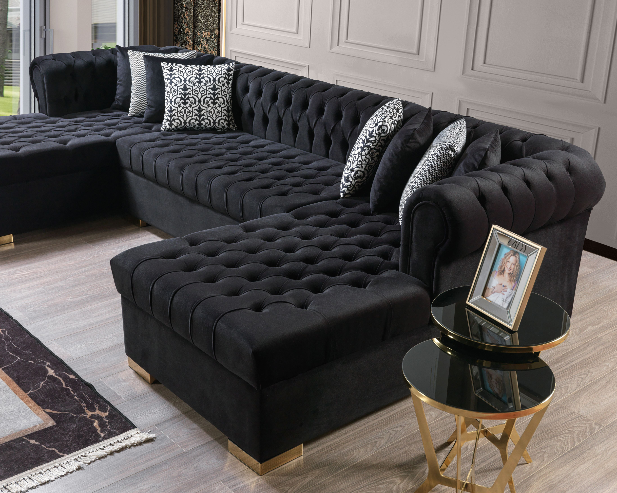 Nova Lauren Velvet Double Chaise Sectional - Black