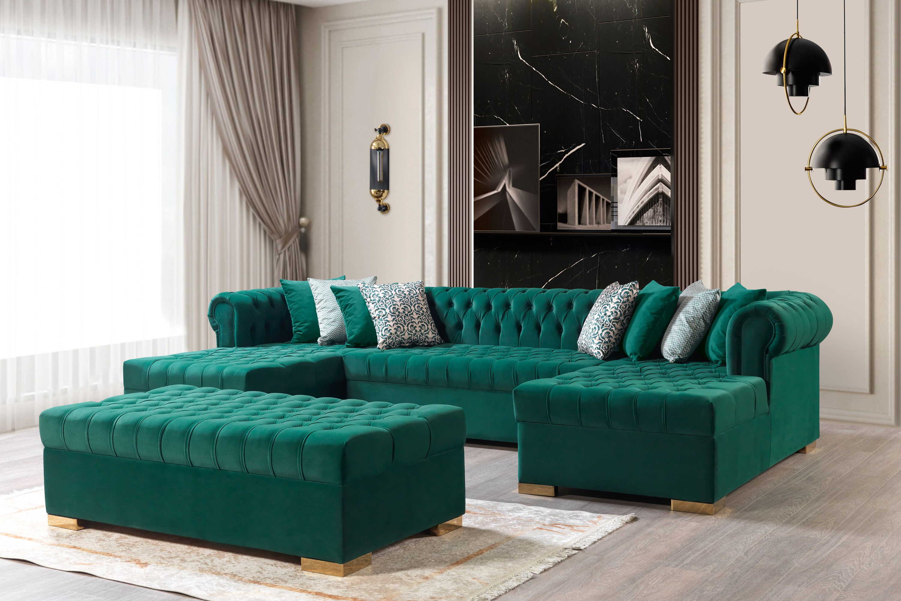 Nova Lauren Velvet Double Chaise Sectional - Green