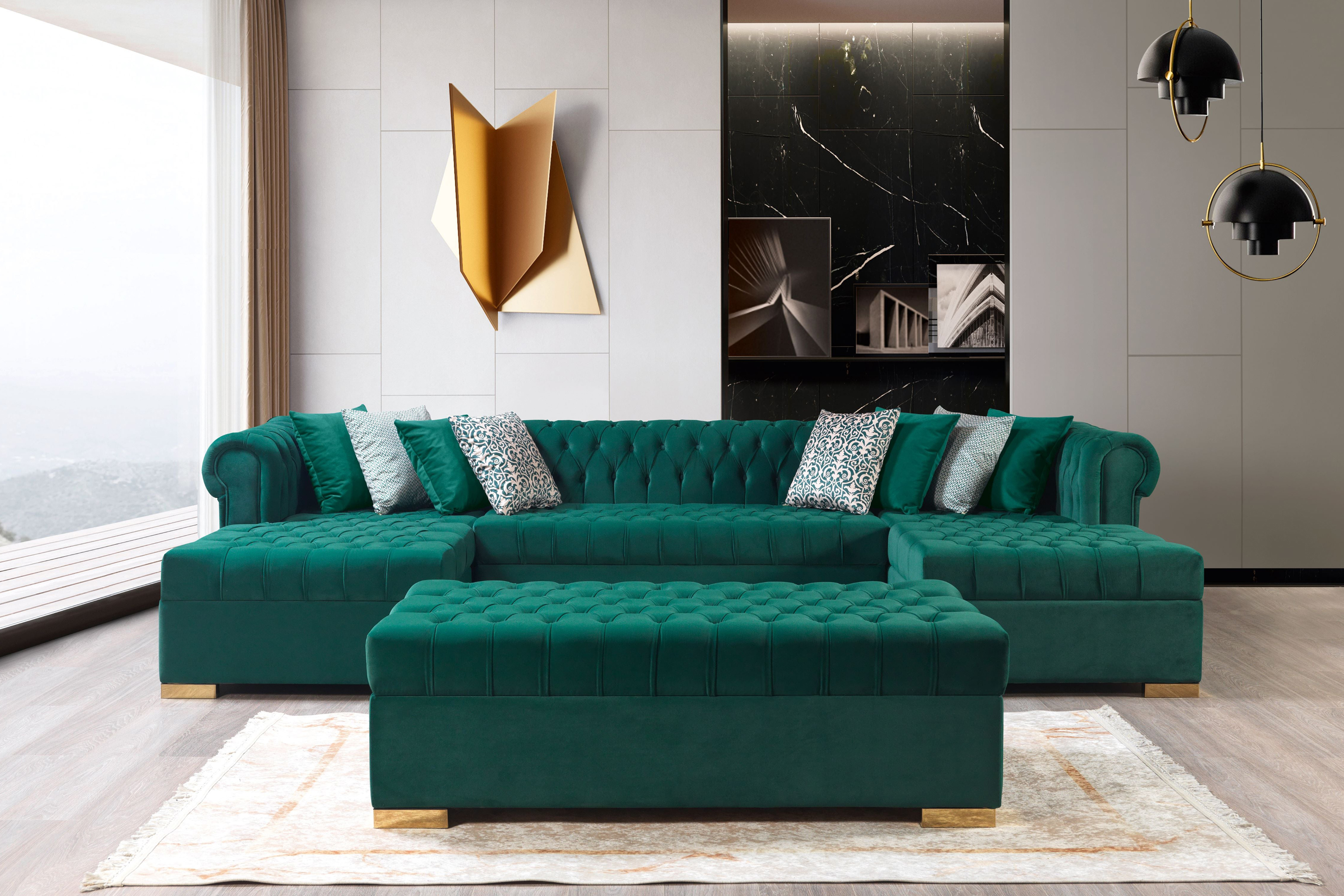 Nova Lauren Velvet Double Chaise Sectional - Green