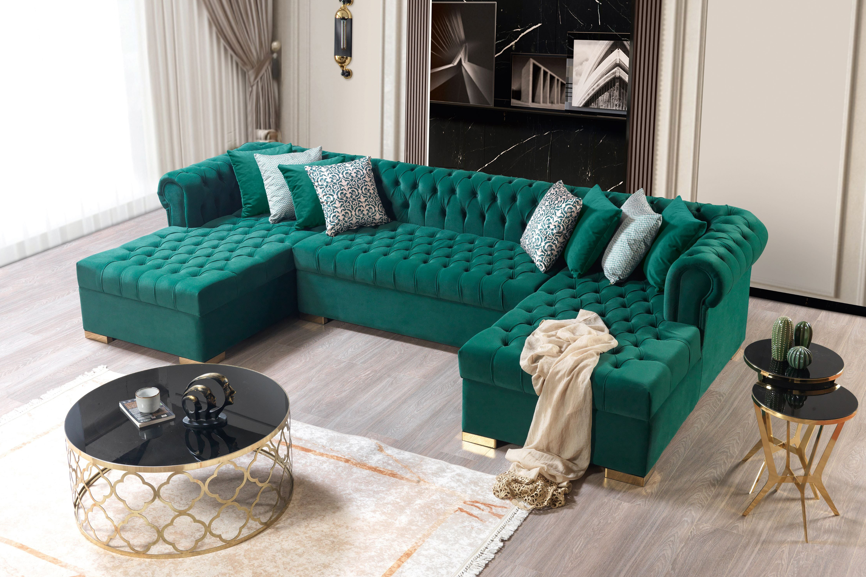 Nova Lauren Velvet Double Chaise Sectional - Green