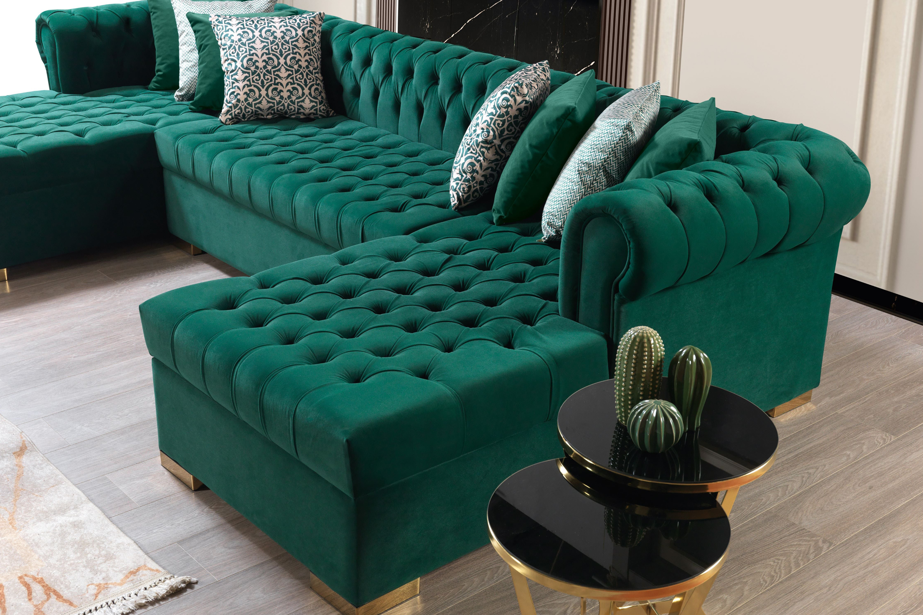 Nova Lauren Velvet Double Chaise Sectional - Green