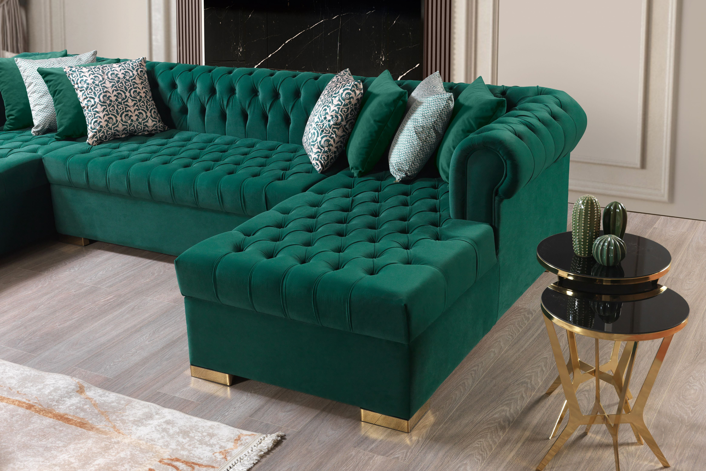 Nova Lauren Velvet Double Chaise Sectional - Green