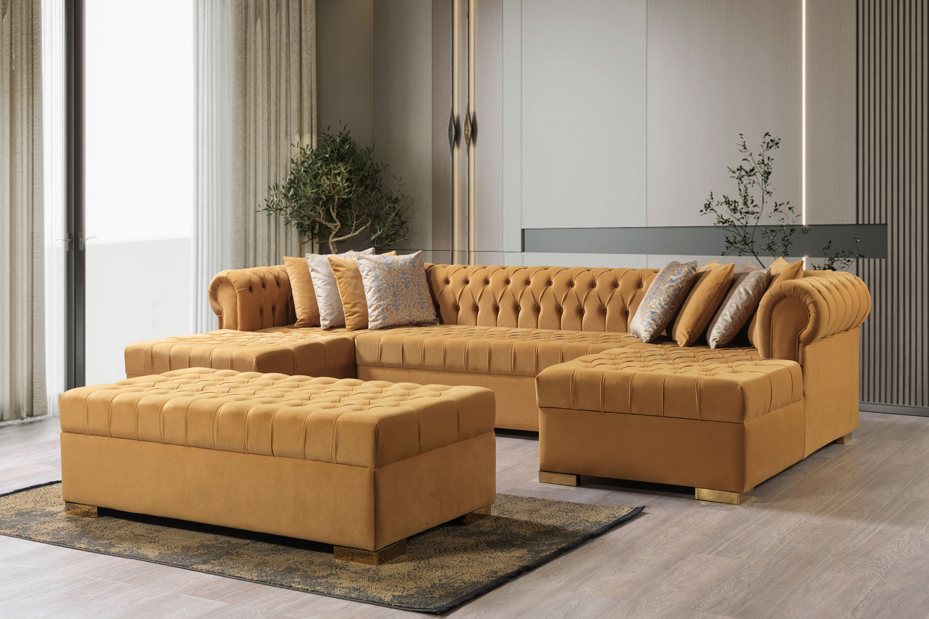 Nova Lauren Velvet Double Chaise Sectional - Mustard