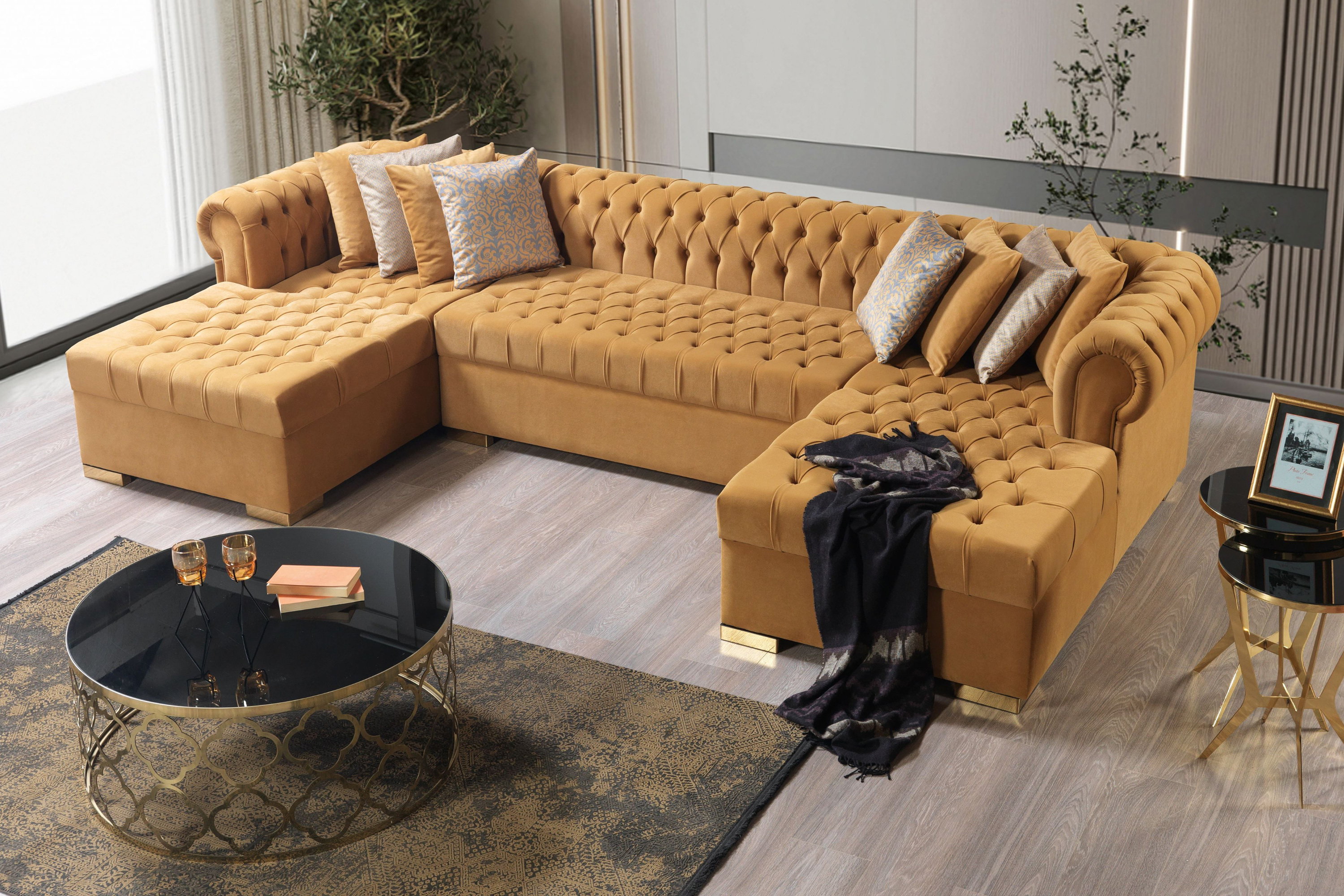 Nova Lauren Velvet Double Chaise Sectional - Mustard