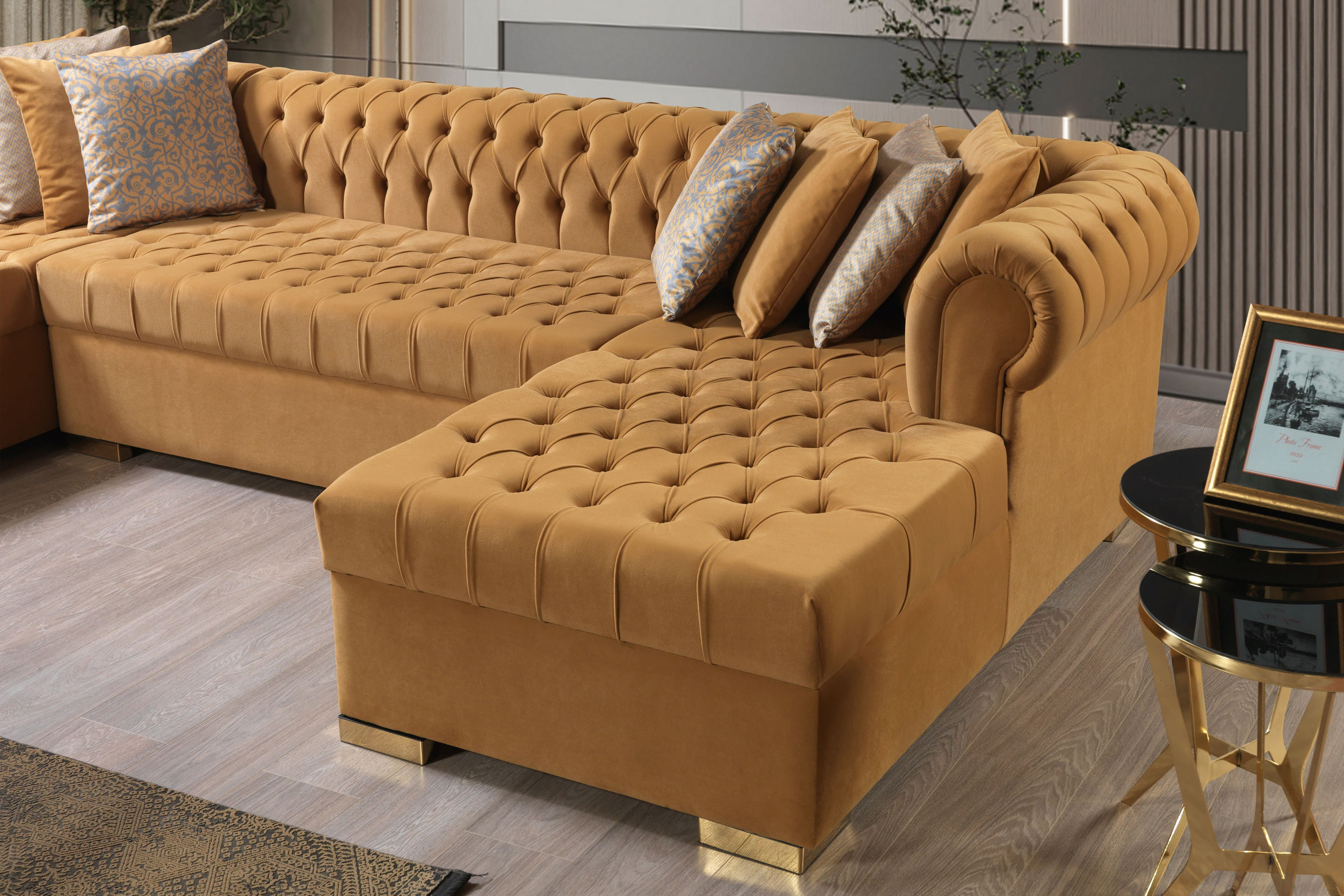 Nova Lauren Velvet Double Chaise Sectional - Mustard