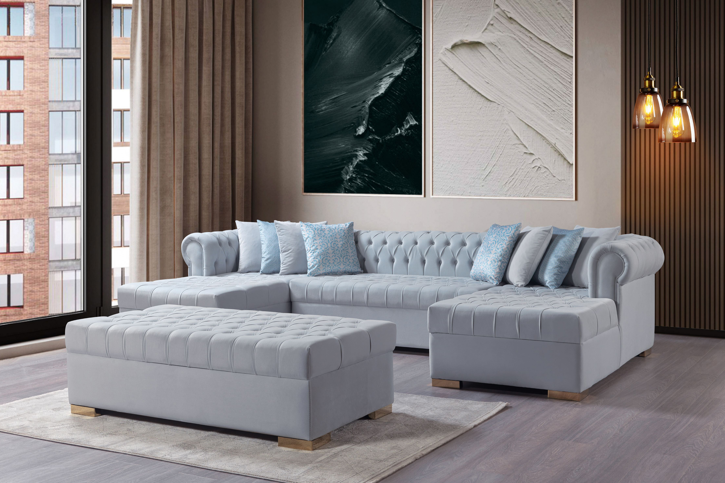 Nova Lauren Velvet Double Chaise Sectional - Pearl