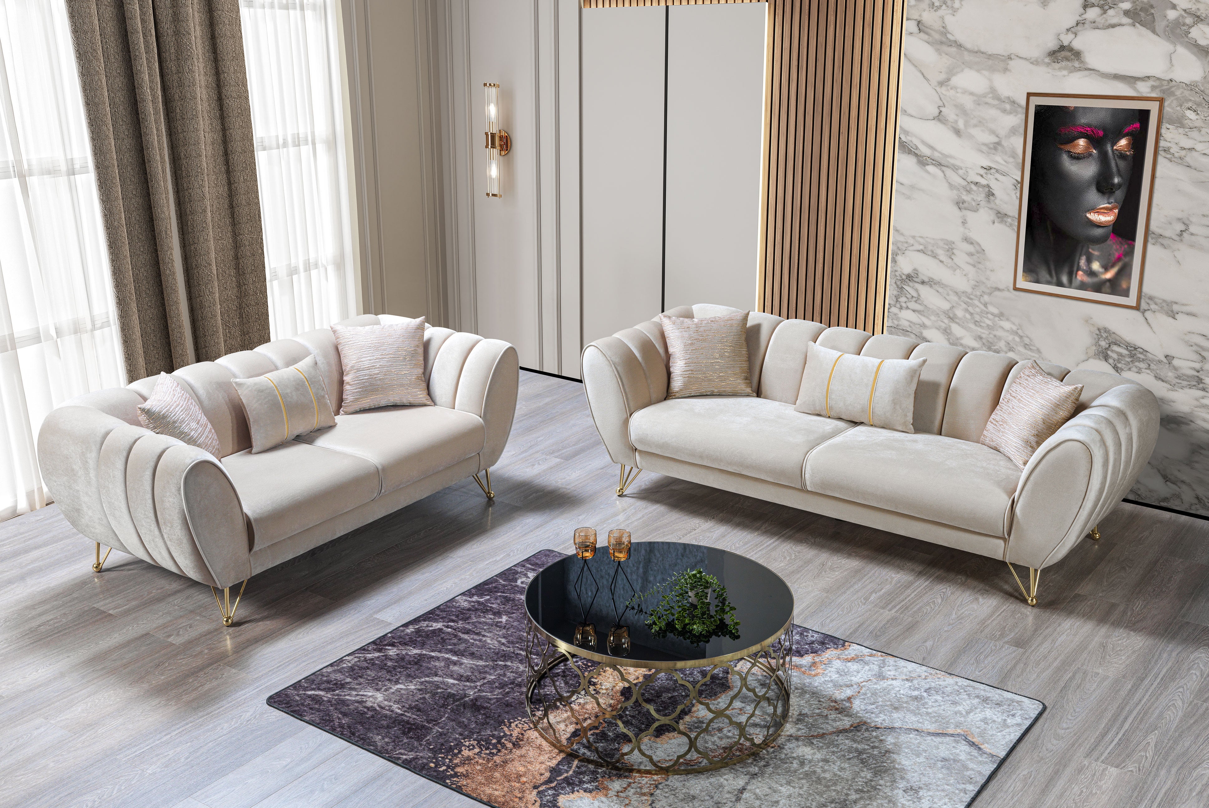 Nova Merida Ivory Velvet Sofa 92" & Loveseat 72"