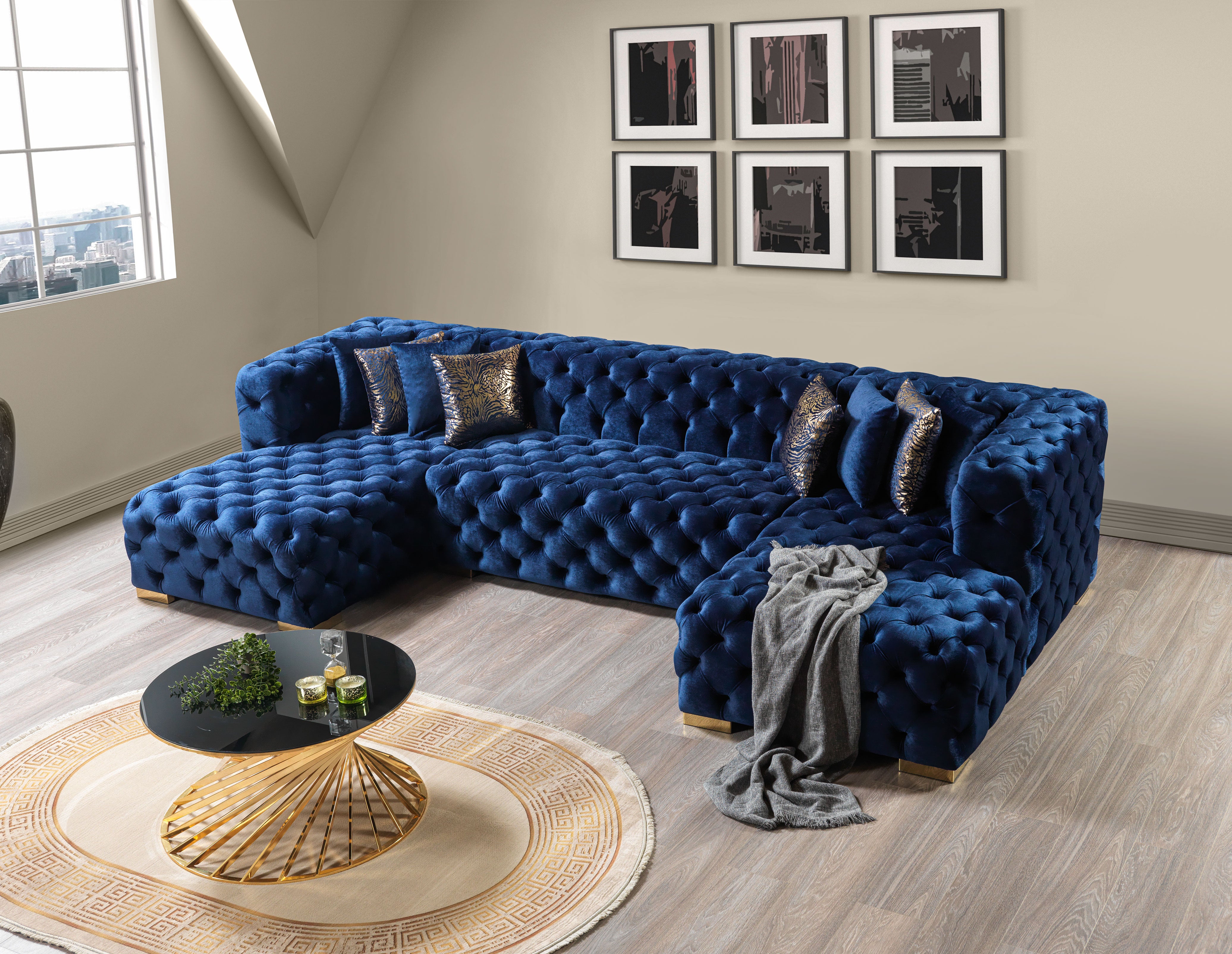 Nova Neva Blue Velvet Double Chaise 138" Sectional