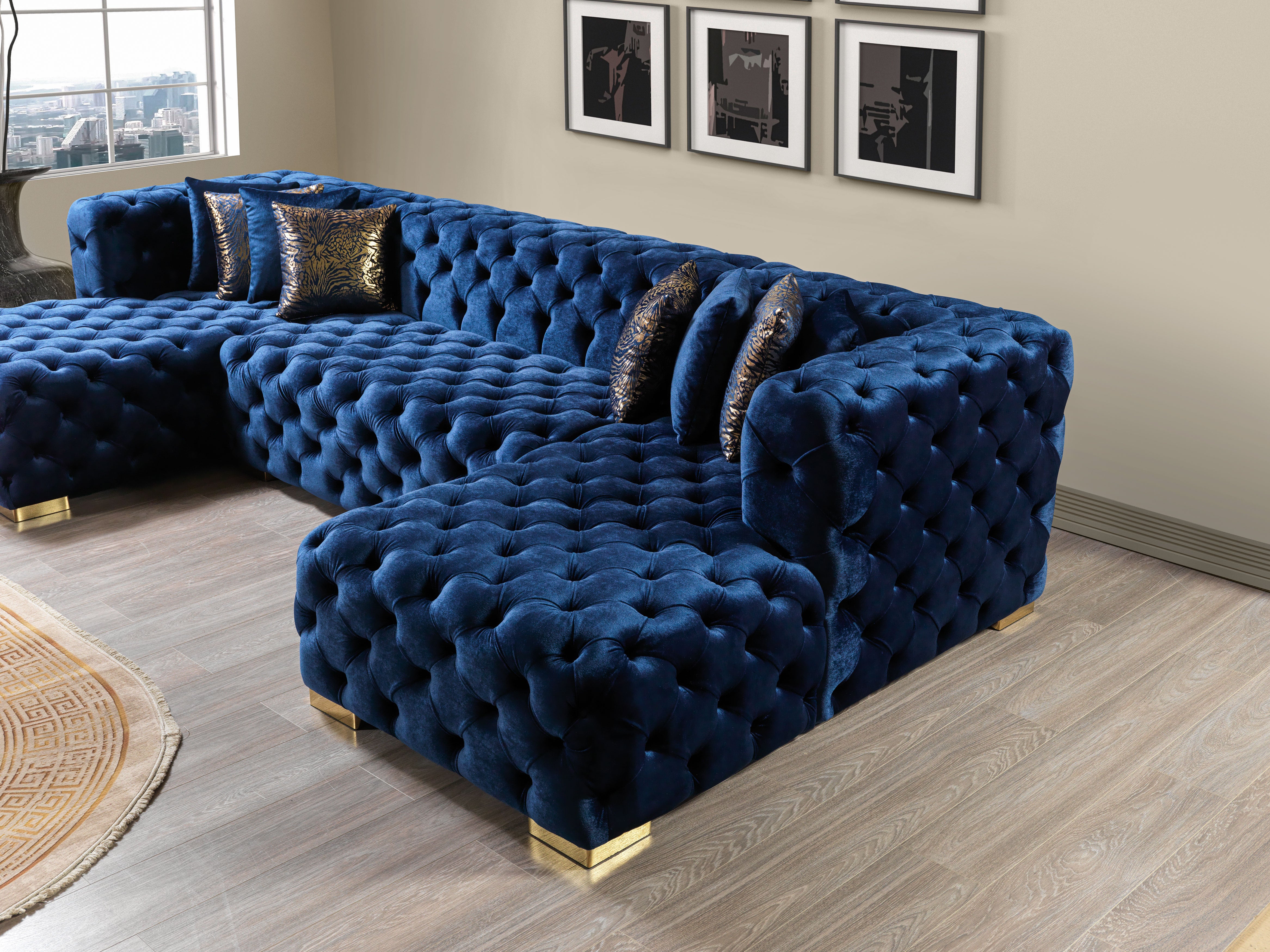 Nova Neva Blue Velvet Double Chaise 138" Sectional