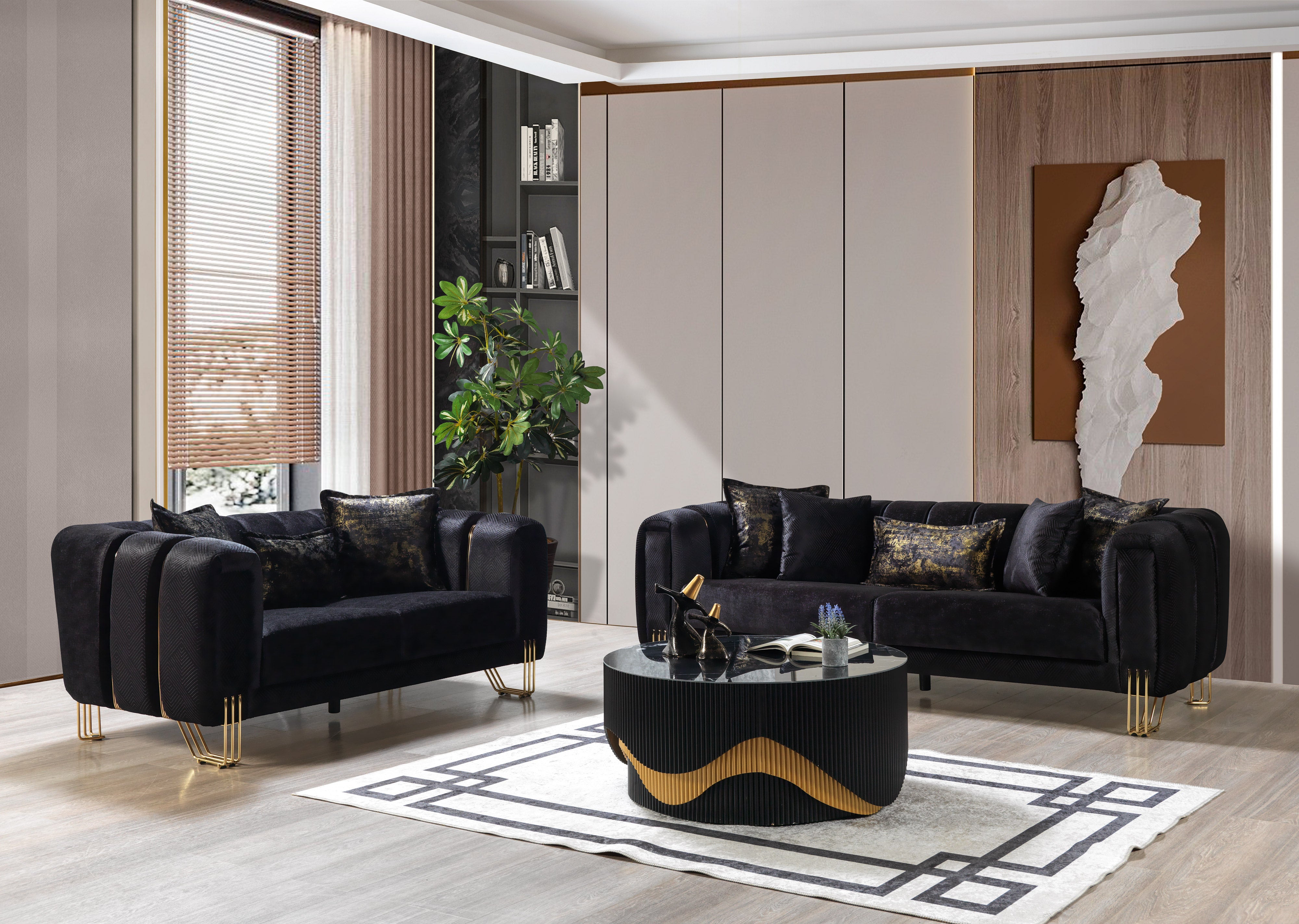 Nova - Santana Black Velvet Sofa 89" & Loveseat 69"