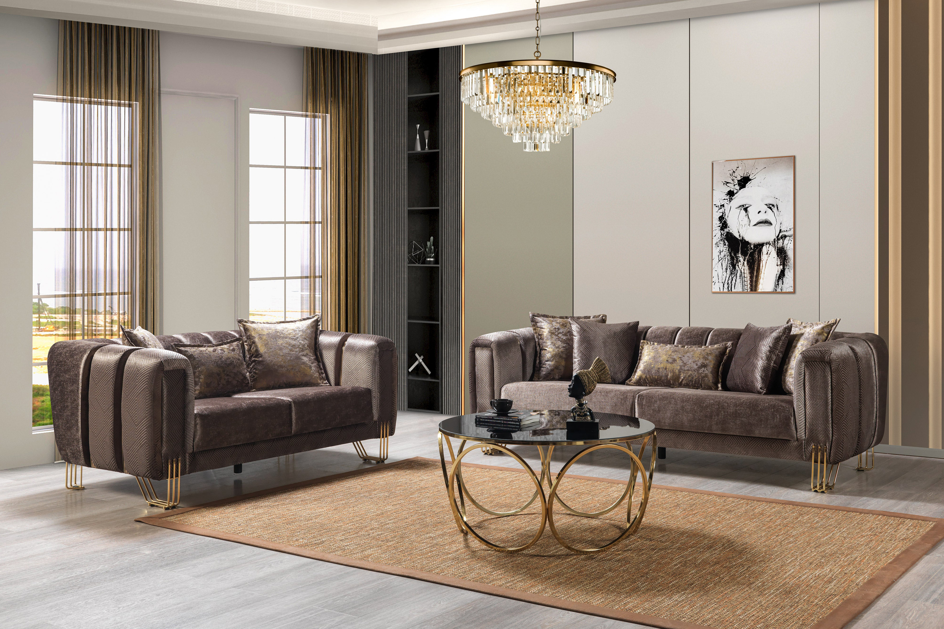 Nova Santana Velvet Sofa & Loveseat - Coffee