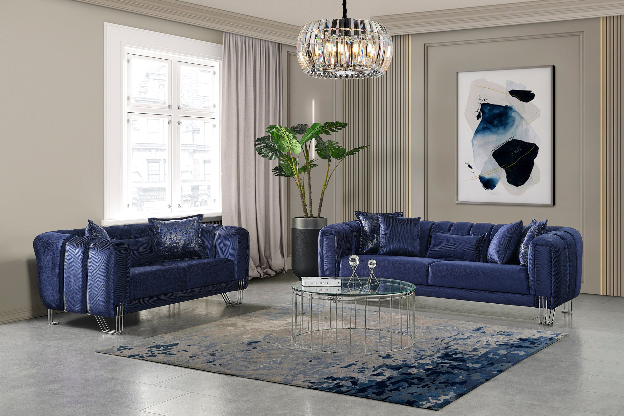 Nova Santana Velvet Loveseat - Navy