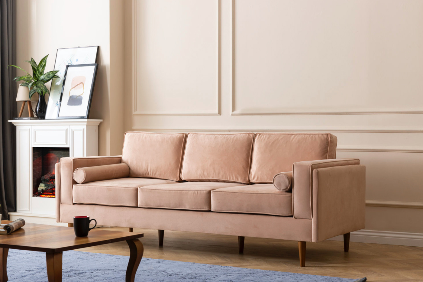 Nova - Troya Melon Velvet Sofa With Reversible Cushions