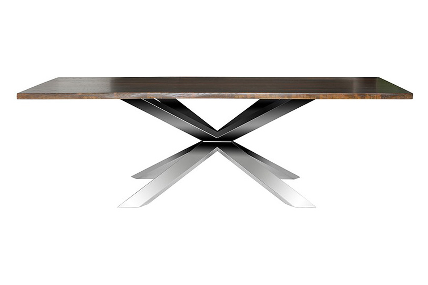 Nuevo™ Couture Dining Table - Seared Oak Top, Polished Stainless Base, L112'' x W44'' x H29,5''