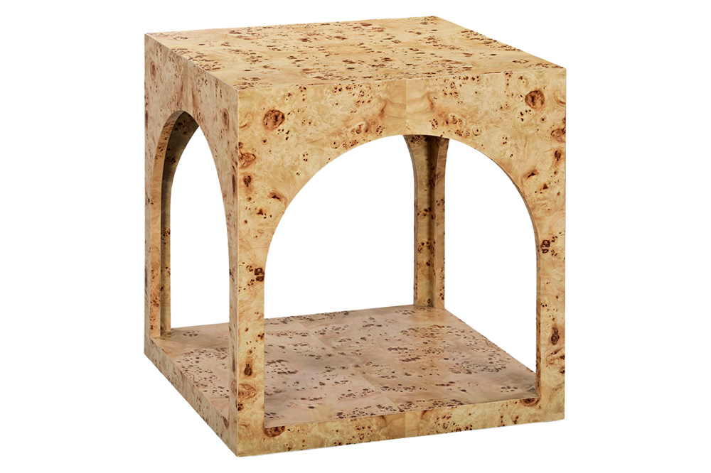 Oliver Arch Side Table - Clear/Mappa Burl Veneer