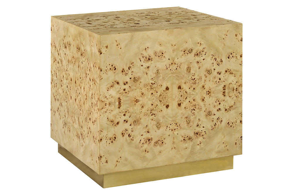 Oliver Cube Side Table - Clear/Mappa Burl Veneer