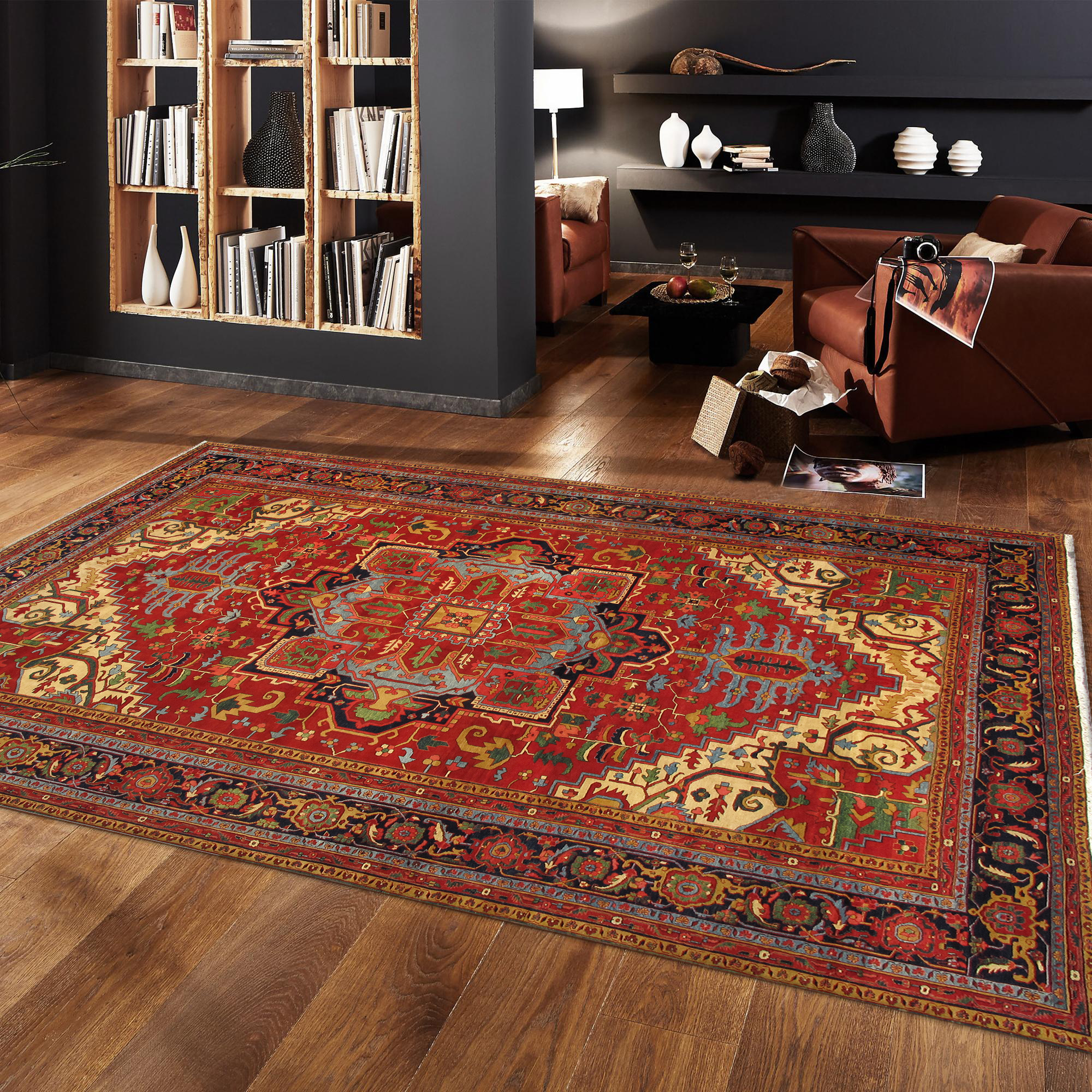 Pasargad Azerbaijan Collection Hand-Knotted Lamb's Wool Area Rug - Red/Navy, 149" x 220" (032023)