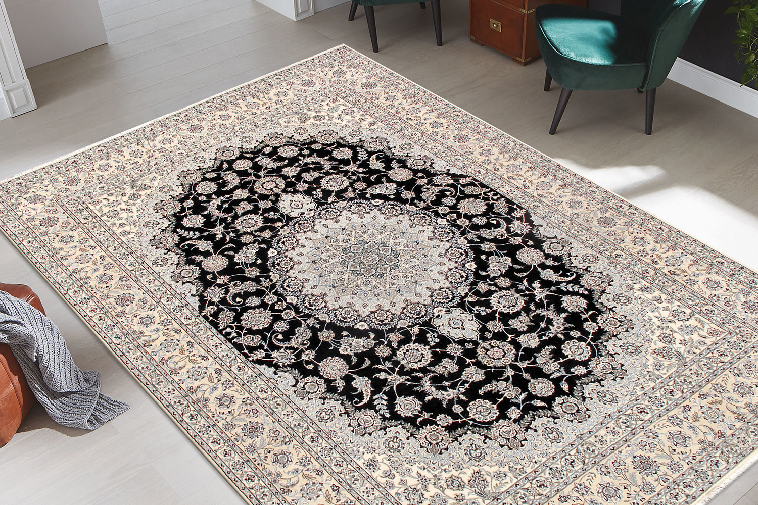 Pasargad - Nain Collection Hand-Knotted Navy/Ivory Silk and Wool Area Rug 118'' x 166'' (045630)