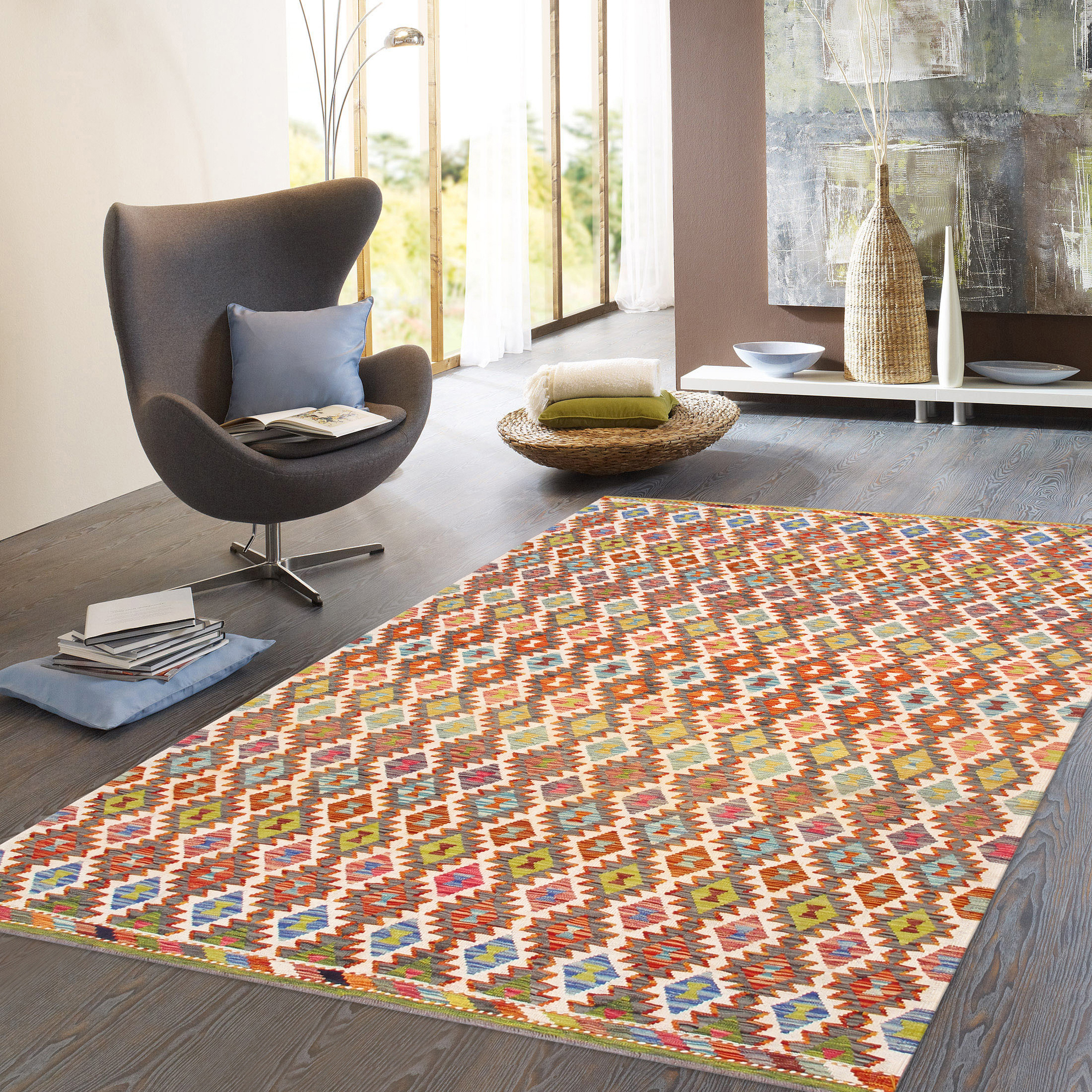 Pasargad - Kilim Collection Flatweave Wool Area Rug in Multi, 83" x 120" (990248 7x10)