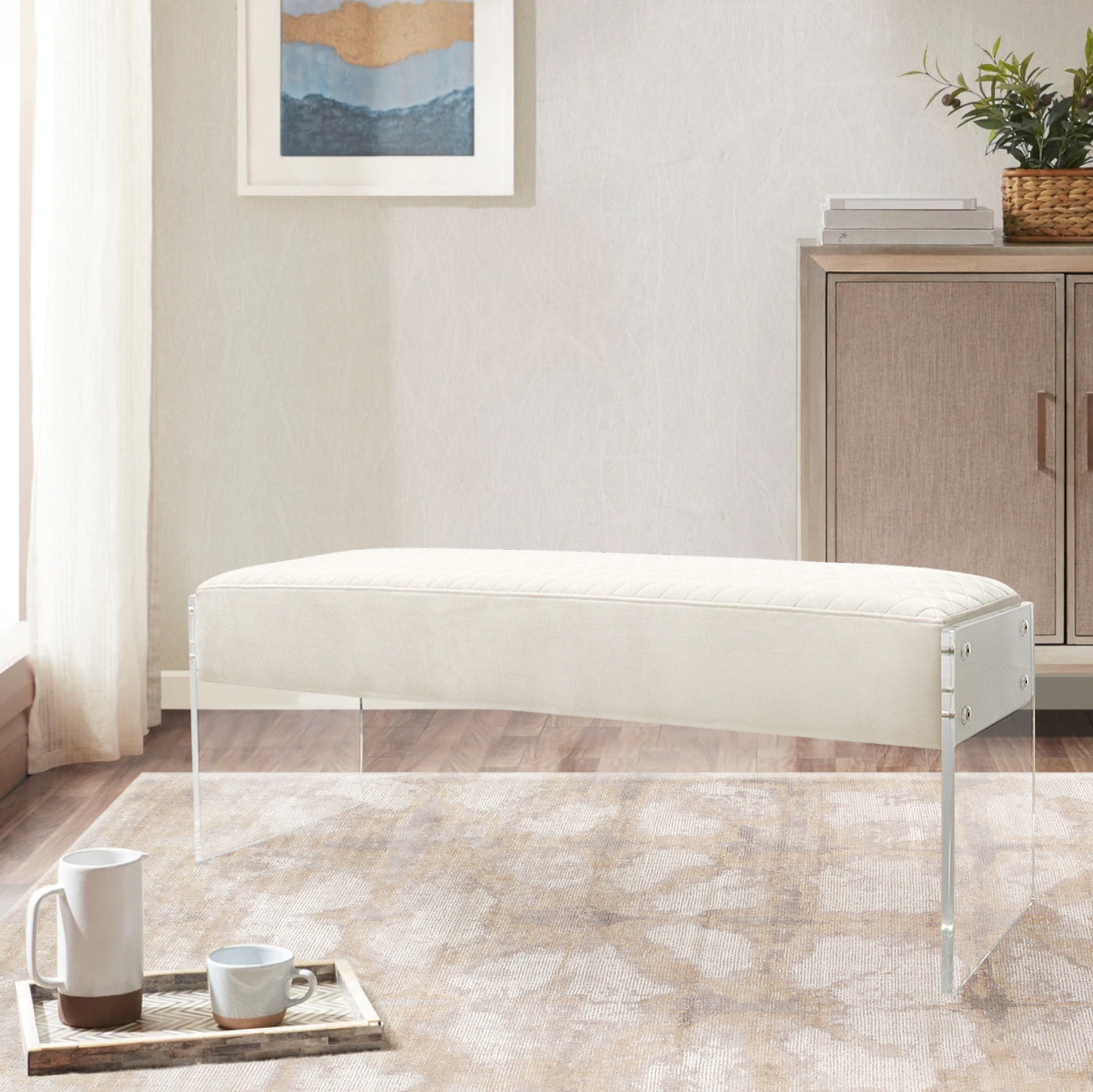 Pasargad - Tribecca Bench in Ivory/Clear, Acrylic/Velvet