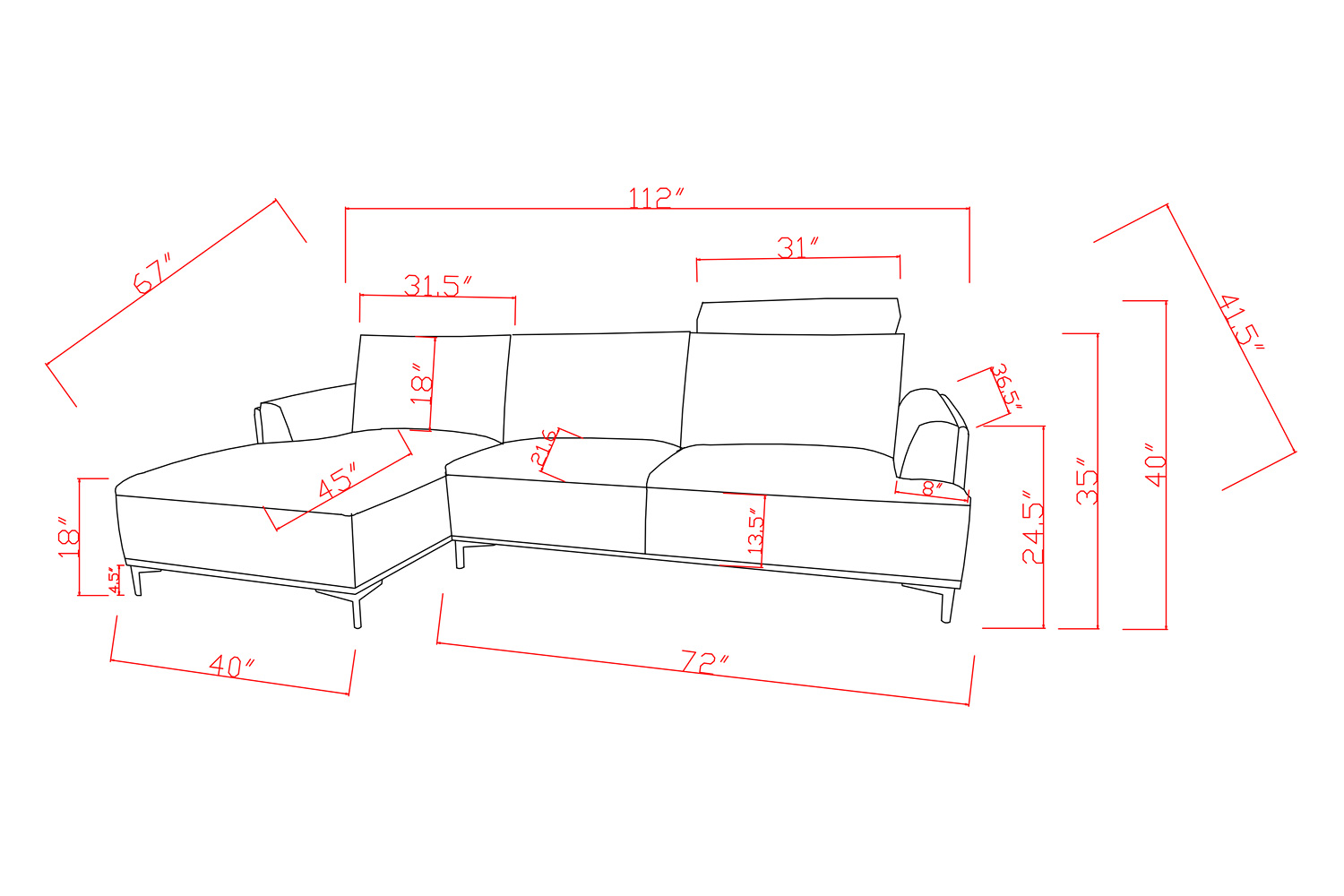 Pasargad Modern Lucca Sectional Sofa with Push Back Functional, Left Facing Chaise Gray Color