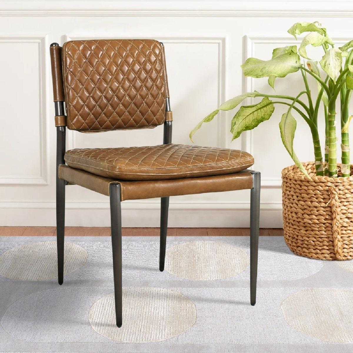 Pasargad - Capri Accent Chair with Metal Legs in Brown, Leather