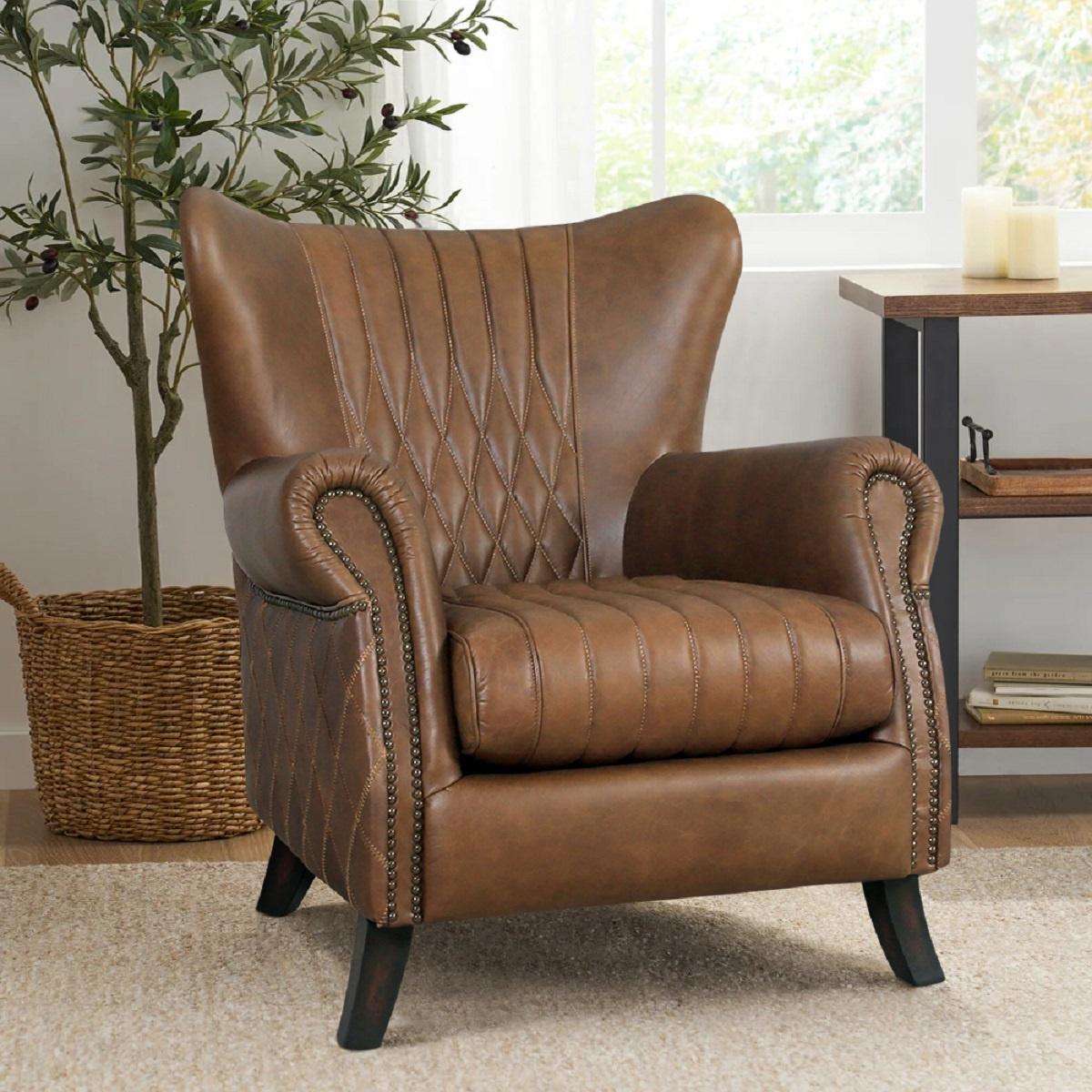 Pasargad - Harrison Upholstered Wing Chair in Brown, Leather